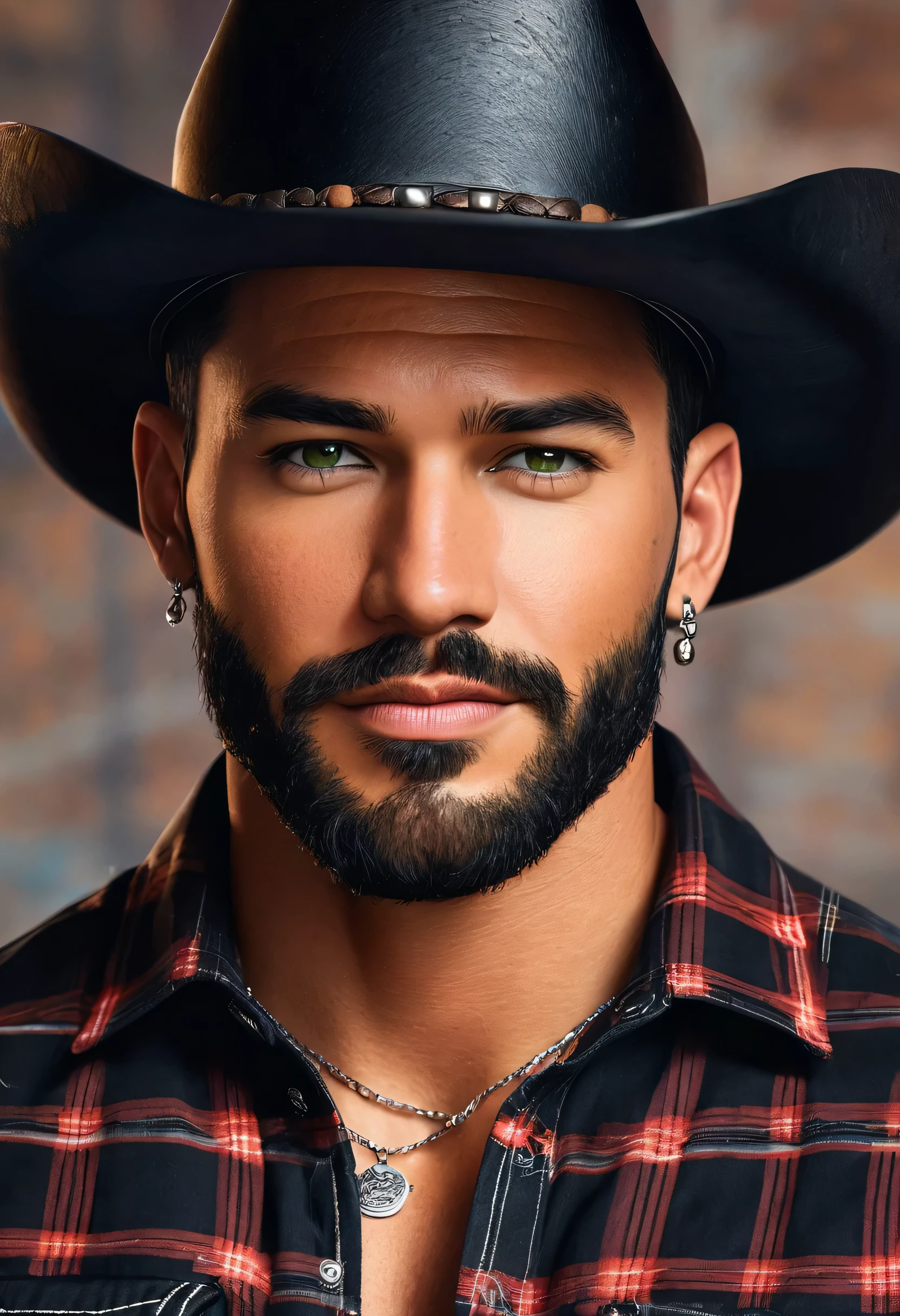 Create a hyper-realistic portrait of an American cowboy with sharp features and a beautiful tan skin tone. Ele tem curto, cabelo preto raspado e claro, possivelmente olhos verdes ligeiramente inclinados para cima, indicating attention or slight surprise. Your eyebrows are thin and well defined, complementando seus olhos. Your skin is fair and slightly tanned, with careful maintenance. Ele ostenta um curto, barba meticulosamente aparada que se conecta perfeitamente ao bigode. He is dressed in a black plaid shirt, Jeans rasgado, and a backwards black baseball cap, adornado com tatuagens, um colar de prata, e brincos. O fundo apresenta uma cena de rodeio com cavalos, emulando uma foto tirada com uma Canon EOS 5D Mark IV em 1/800s, f/2.8, ISO 250, com tons vermelhos saturados, detalhes finos, e uma atmosfera alegre, mas sedutora e emocional.