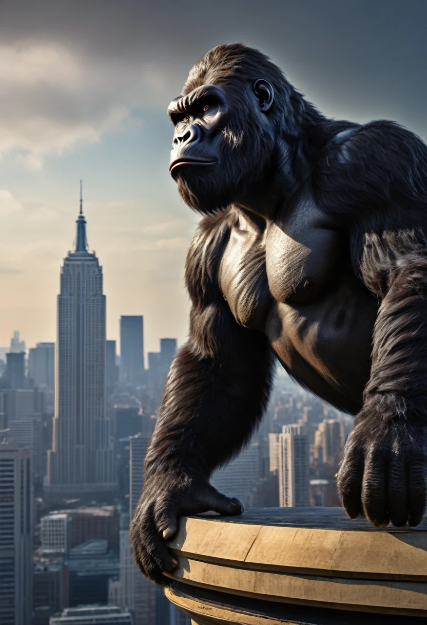 (best quality, 4k, 8k, high resolution, masterpiece: 1.2), ultra-detailed, (realistic, photorealistic, photorealistic: 1.37), (king kong: 1.32) gigantic detailed eyes, extremely detailed facial features, impressive muscles, monstrous figure and imposing, fierce expression, king of the jungle, loud roar, adamantine hair, monumental skyscraper in the background, rising above the city skyline, metallic shine, gleaming windows, bright lights, hectic traffic, frenetic city life, night ,full moon,ominous atmosphere,imposing Presence,defying gravity,climbing the skyscraper effortlessly,messy hair,dynamic pose,overwhelming strength,huge hands gripping the building,intense shadows,deep contrasts,spectacular lighting,subtle color variation, expressive textures, premonitory sensation, majestic view, amazement. awe-inspiring, action-packed, pulsating, attention-grabbing, adrenaline-inducing, extravagant proportions, realistic textures, sharp details, vivid colors, bokeh