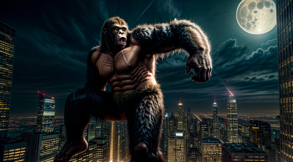 (best quality, 4k, 8k, high resolution, masterpiece: 1.2), ultra-detailed, (realistic, photorealistic, photorealistic: 1.37), (king kong: 1.32) gigantic detailed eyes, extremely detailed facial features, impressive muscles, monstrous figure and imposing, fierce expression, king of the jungle, loud roar, adamantine hair, monumental skyscraper in the background, rising above the city skyline, metallic shine, gleaming windows, bright lights, hectic traffic, frenetic city life, night ,full moon,ominous atmosphere,imposing Presence,defying gravity,climbing the skyscraper effortlessly,messy hair,dynamic pose,overwhelming strength,huge hands gripping the building,intense shadows,deep contrasts,spectacular lighting,subtle color variation, expressive textures, premonitory sensation, majestic view, amazement. awe-inspiring, action-packed, pulsating, attention-grabbing, adrenaline-inducing, extravagant proportions, realistic textures, sharp details, vivid colors, bokeh