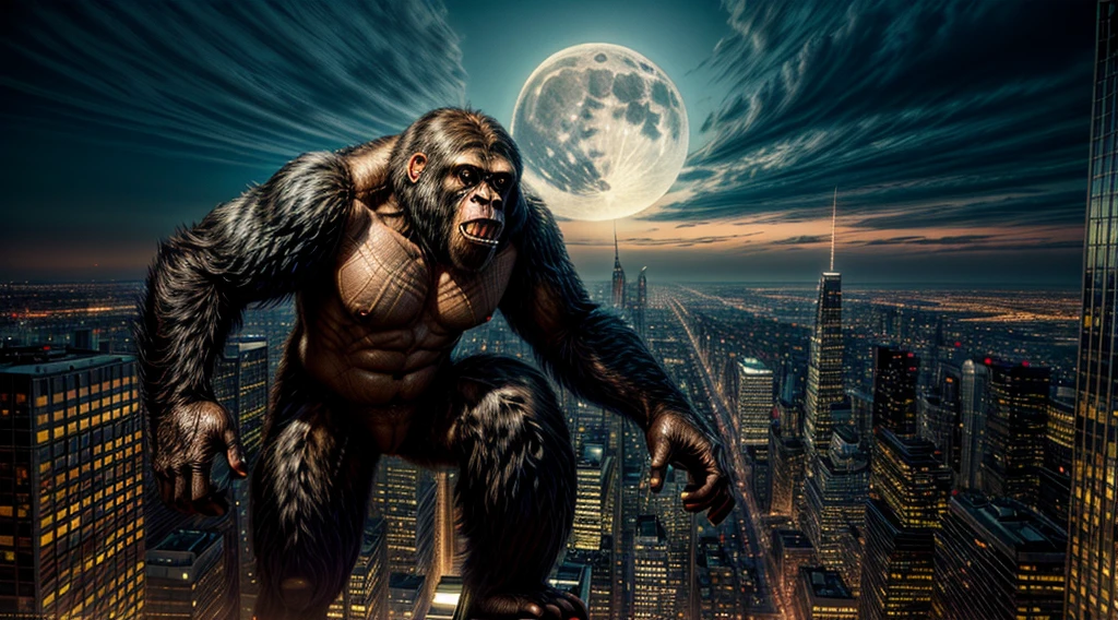 (best quality, 4k, 8k, high resolution, masterpiece: 1.2), ultra-detailed, (realistic, photorealistic, photorealistic: 1.37), (king kong: 1.32) gigantic detailed eyes, extremely detailed facial features, impressive muscles, monstrous figure and imposing, fierce expression, king of the jungle, loud roar, adamantine hair, monumental skyscraper in the background, rising above the city skyline, metallic shine, gleaming windows, bright lights, hectic traffic, frenetic city life, night ,full moon,ominous atmosphere,imposing Presence,defying gravity,climbing the skyscraper effortlessly,messy hair,dynamic pose,overwhelming strength,huge hands gripping the building,intense shadows,deep contrasts,spectacular lighting,subtle color variation, expressive textures, premonitory sensation, majestic view, amazement. awe-inspiring, action-packed, pulsating, attention-grabbing, adrenaline-inducing, extravagant proportions, realistic textures, sharp details, vivid colors, bokeh