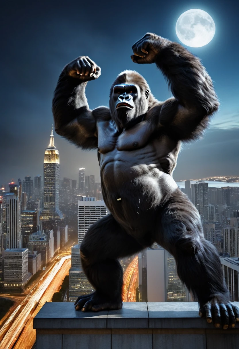 (best quality, 4k, 8k, high resolution, masterpiece: 1.2), ultra-detailed, (realistic, photorealistic, photorealistic: 1.37), (king kong: 1.32) gigantic detailed eyes, extremely detailed facial features, impressive muscles, monstrous figure and imposing, fierce expression, king of the jungle, loud roar, adamantine hair, monumental skyscraper in the background, rising above the city skyline, metallic shine, gleaming windows, bright lights, hectic traffic, frenetic city life, night ,full moon,ominous atmosphere,imposing Presence,defying gravity,climbing the skyscraper effortlessly,messy hair,dynamic pose,overwhelming strength,huge hands gripping the building,intense shadows,deep contrasts,spectacular lighting,subtle color variation, expressive textures, premonitory sensation, majestic view, amazement. awe-inspiring, action-packed, pulsating, attention-grabbing, adrenaline-inducing, extravagant proportions, realistic textures, sharp details, vivid colors, bokeh