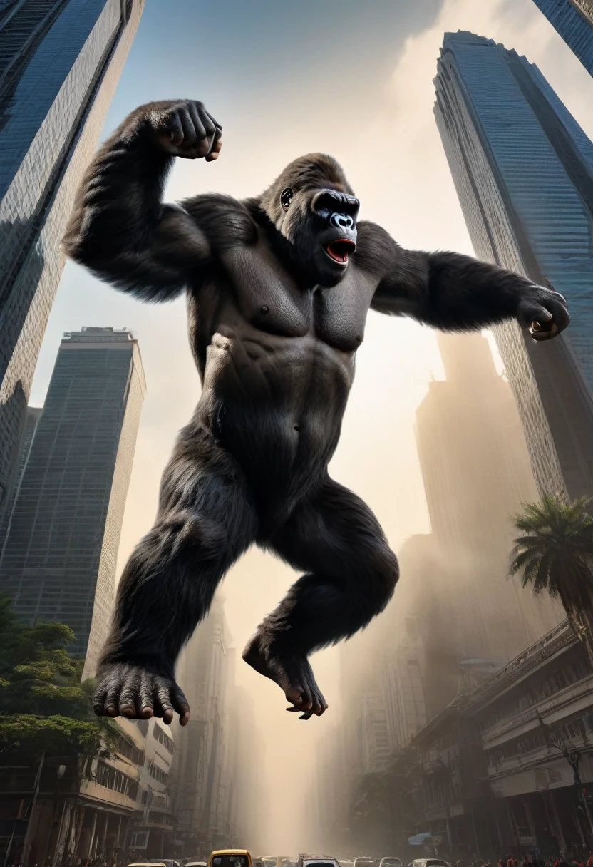 (best quality, 4k, 8k, high resolution, masterpiece: 1.2), ultra-detailed, (realistic, photorealistic, photorealistic: 1.37), (king kong: 1.32) gigantic detailed eyes, extremely detailed facial features, impressive muscles, monstrous figure and imposing, fierce expression, king of the jungle, loud roar, adamantine hair, monumental skyscraper in the background, rising above the city skyline, metallic shine, gleaming windows, bright lights, hectic traffic, frenetic city life, night ,full moon,ominous atmosphere,imposing Presence,defying gravity,climbing the skyscraper effortlessly,messy hair,dynamic pose,overwhelming strength,huge hands gripping the building,intense shadows,deep contrasts,spectacular lighting,subtle color variation, expressive textures, premonitory sensation, majestic view, amazement. awe-inspiring, action-packed, pulsating, attention-grabbing, adrenaline-inducing, extravagant proportions, realistic textures, sharp details, vivid colors, bokeh