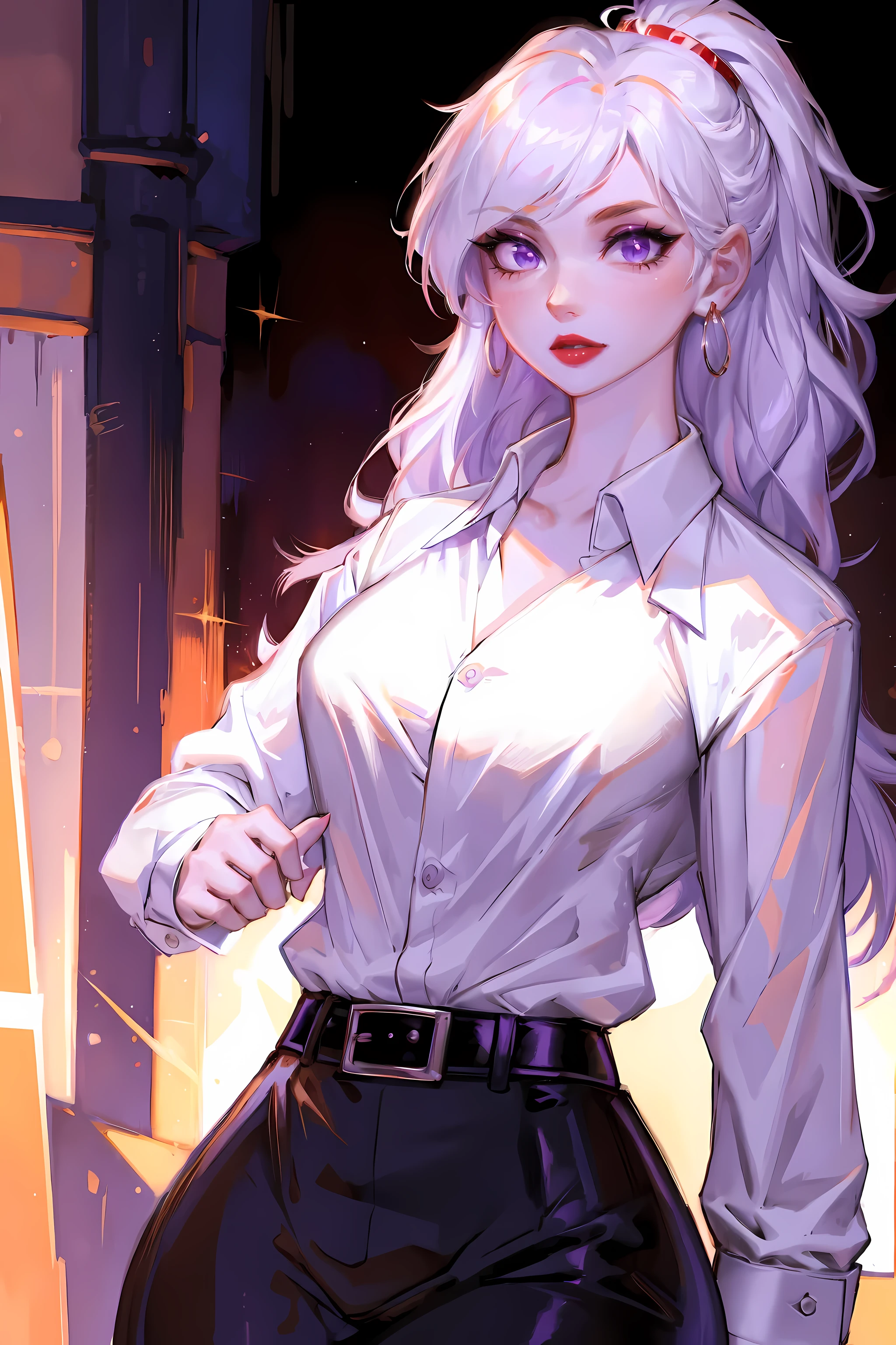 (best quality,high resolution)(business jacket:1.4),(a girl:1.5),elegant photo of a girl in a suit jacket, red lips, lipstick, (perfect eyes:1.4), (White shirt:1.5), silver hair, purple eyes, hapiness, highly refined skin, long eyelashes, black eyeliner, masterpiece, black belt:1.2, White shirt, teardrop earrings, Professional attire:1.2),perfect body proportions