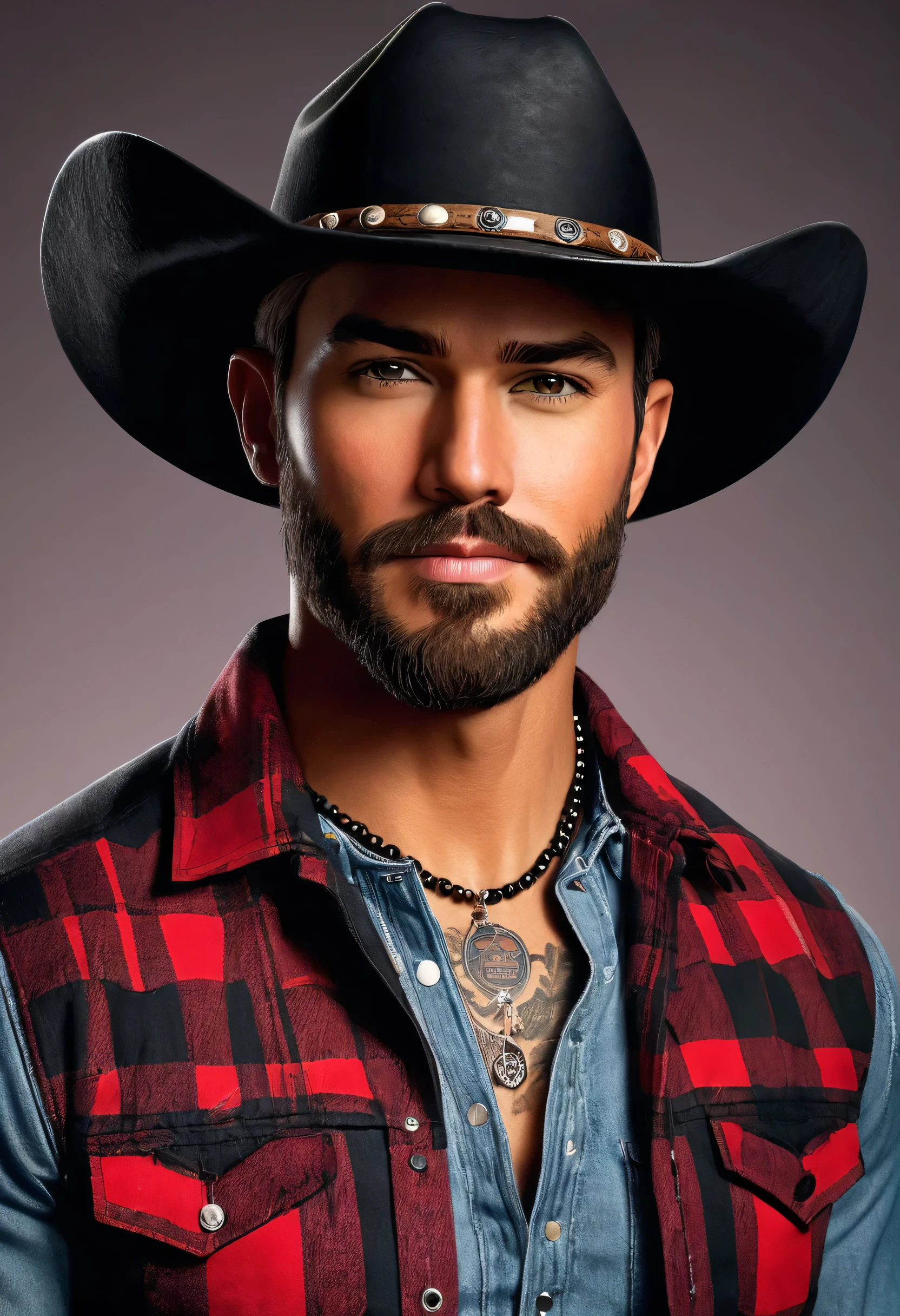 Create a hyper-realistic portrait of an American cowboy with sharp features and a beautiful tan skin tone. Ele tem curto, cabelo preto raspado e claro, possivelmente olhos verdes ligeiramente inclinados para cima, indicating attention or slight surprise. Your eyebrows are thin and well defined, complementando seus olhos. Your skin is fair and slightly tanned, with careful maintenance. Ele ostenta um curto, barba meticulosamente aparada que se conecta perfeitamente ao bigode. He is dressed in a black plaid shirt, Jeans rasgado, and a backwards black baseball cap, adornado com tatuagens, um colar de prata, e brincos. O fundo apresenta uma cena de rodeio com cavalos, emulando uma foto tirada com uma Canon EOS 5D Mark IV em 1/800s, f/2.8, ISO 250, com tons vermelhos saturados, detalhes finos, e uma atmosfera alegre, mas sedutora e emocional. original representation of the American cowboy without elements that suggest poor quality or deformation,