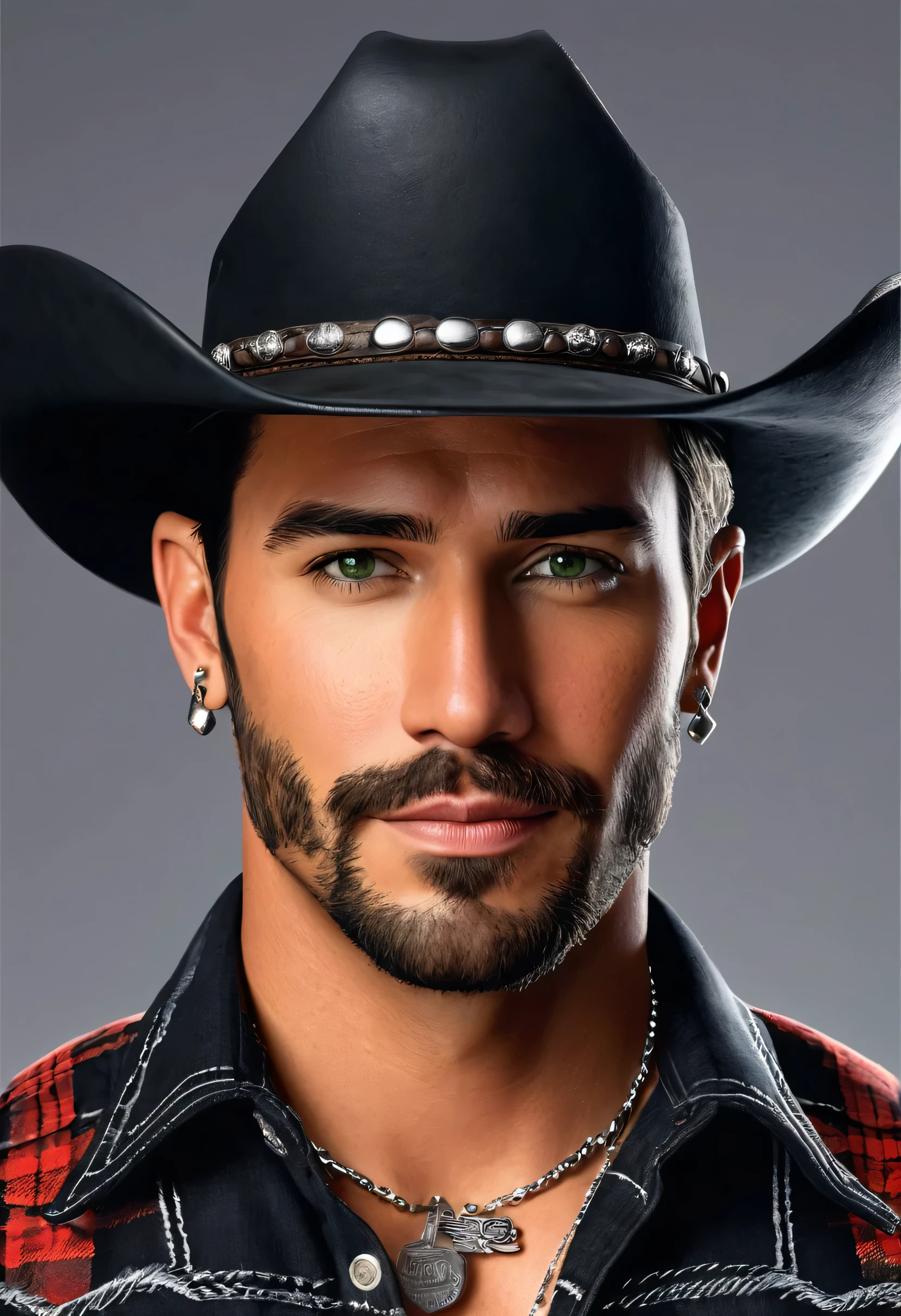 Create a hyper-realistic portrait of an American cowboy with sharp features and a beautiful tan skin tone. Ele tem curto, cabelo preto raspado e claro, possivelmente olhos verdes ligeiramente inclinados para cima, indicating attention or slight surprise. Your eyebrows are thin and well defined, complementando seus olhos. Your skin is fair and slightly tanned, with careful maintenance. Ele ostenta um curto, barba meticulosamente aparada que se conecta perfeitamente ao bigode. He is dressed in a black plaid shirt, Jeans rasgado, and a backwards black baseball cap, adornado com tatuagens, um colar de prata, e brincos. O fundo apresenta uma cena de rodeio com cavalos, emulando uma foto tirada com uma Canon EOS 5D Mark IV em 1/800s, f/2.8, ISO 250, com tons vermelhos saturados, detalhes finos, e uma atmosfera alegre, mas sedutora e emocional. original representation of the American cowboy without elements that suggest poor quality or deformation,