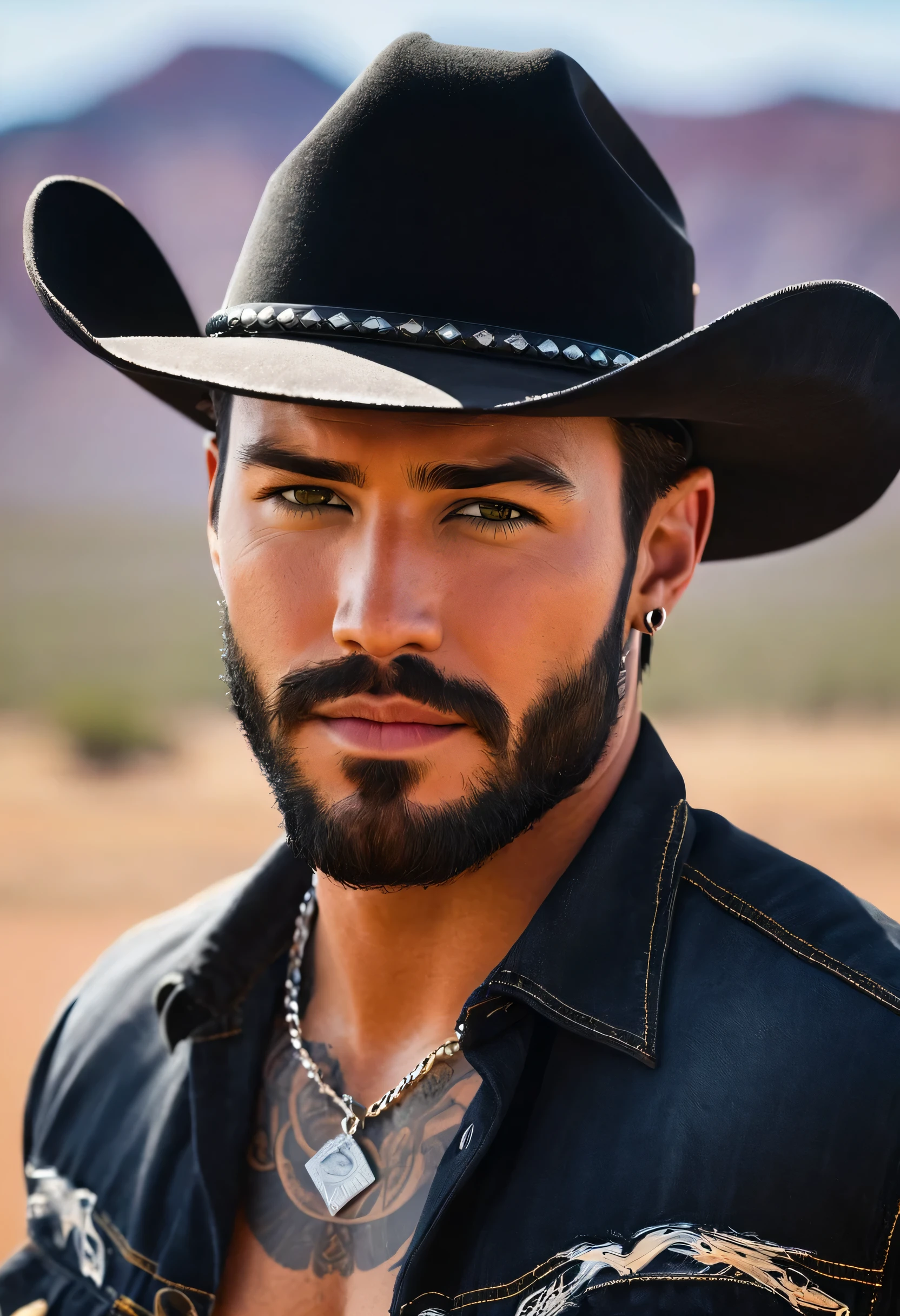 Create a hyper-realistic portrait of an American cowboy with sharp features and a beautiful tan skin tone. Ele tem curto, cabelo preto raspado e claro, possivelmente olhos verdes ligeiramente inclinados para cima, indicating attention or slight surprise. Your eyebrows are thin and well defined, complementando seus olhos. Your skin is fair and slightly tanned, with careful maintenance. Ele ostenta um curto, barba meticulosamente aparada que se conecta perfeitamente ao bigode. He is dressed in a black plaid shirt, Jeans rasgado, and a backwards black baseball cap, adornado com tatuagens, um colar de prata, e brincos. O fundo apresenta uma cena de rodeio com cavalos, emulando uma foto tirada com uma Canon EOS 5D Mark IV em 1/800s, f/2.8, ISO 250, com tons vermelhos saturados, detalhes finos, e uma atmosfera alegre, mas sedutora e emocional. original representation of the American cowboy without elements that suggest poor quality or deformation,