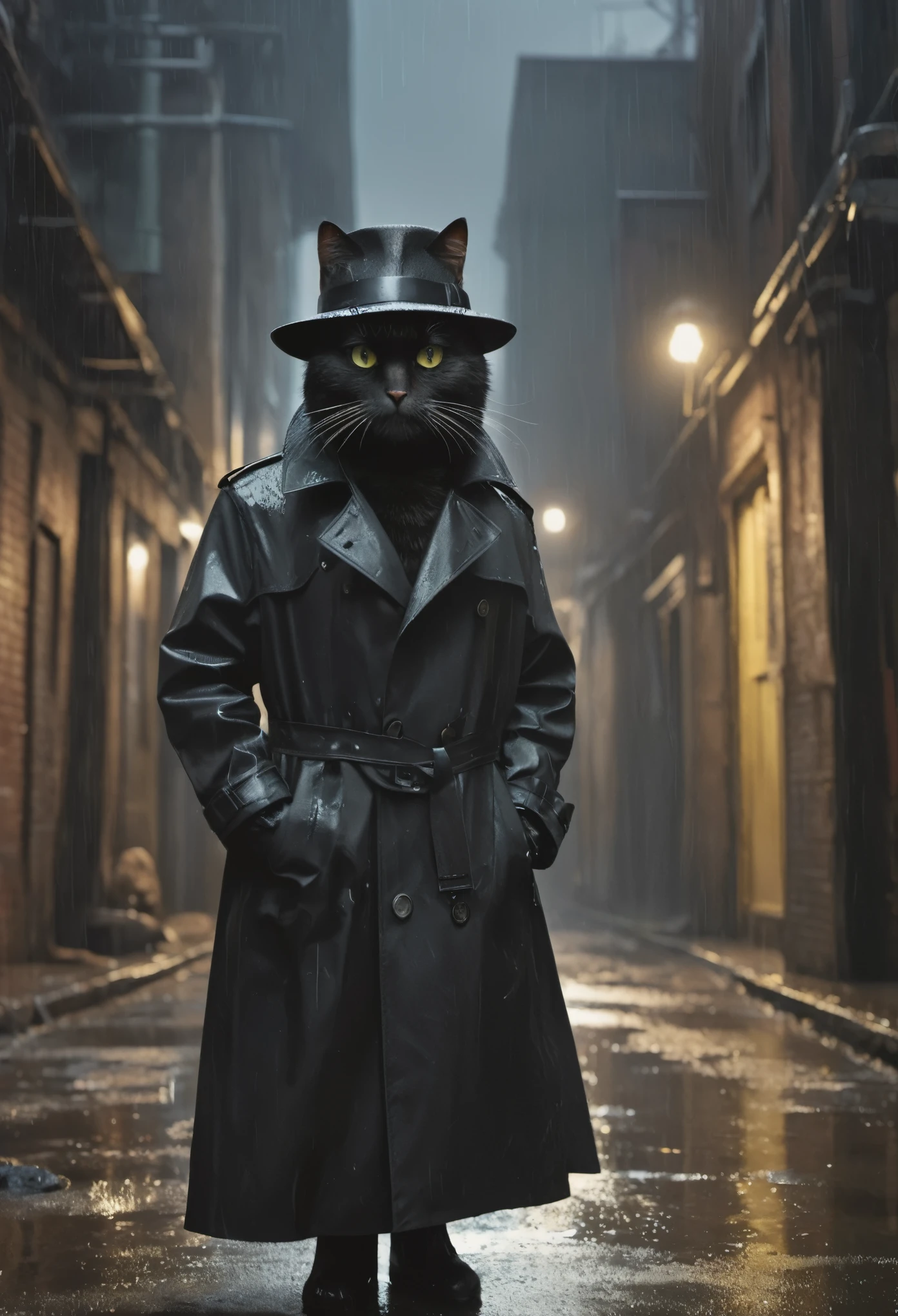 High resolution, high quality, masterpiece.Anthropomorphic cat wearing a trench coat and hat, black style, dark back alley, cinematic light, lots of details, realistic, 4k, cinema, amazing, rain, neon atmosphere, Abstract black oil, gear mecha, fine acrylic, grunge, intricate complexity, Rendered with Unreal Engine, photorealistic Hyperdetalization. hyper realism. dramatic light.