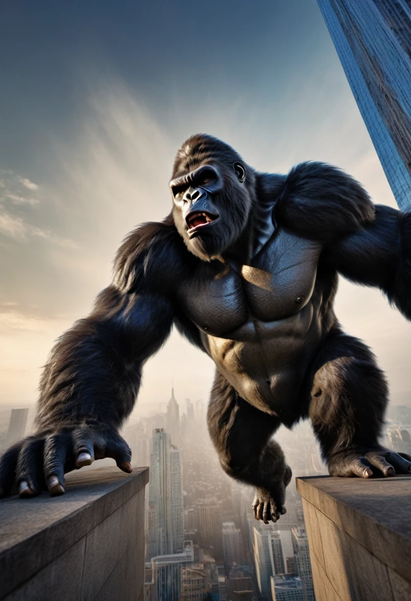 (best quality, 4k, 8k, high resolution, masterpiece: 1.2), ultra-detailed, (realistic, photorealistic, photorealistic: 1.37), (king kong: 1.32) gigantic detailed eyes, extremely detailed facial features, impressive muscles, monstrous figure and imposing, fierce expression, king of the jungle, loud roar, adamantine hair, monumental skyscraper in the background, rising above the city skyline, metallic shine, gleaming windows, bright lights, hectic traffic, frenetic city life, night ,full moon,ominous atmosphere,imposing Presence,defying gravity,climbing the skyscraper effortlessly,messy hair,dynamic pose,overwhelming strength,huge hands gripping the building,intense shadows,deep contrasts,spectacular lighting,subtle color variation, expressive textures, premonitory sensation, majestic view, amazement. awe-inspiring, action-packed, pulsating, attention-grabbing, adrenaline-inducing, extravagant proportions, realistic textures, sharp details, vivid colors, bokeh