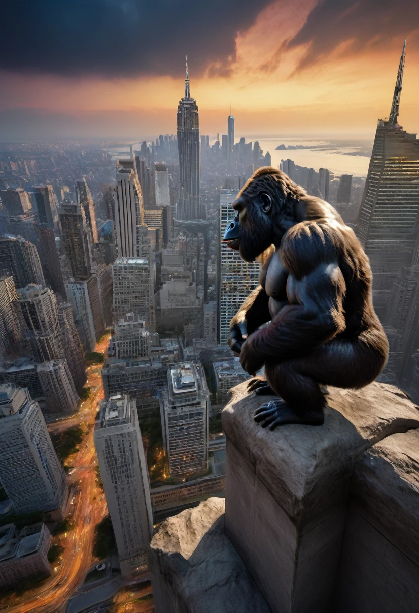 (best quality, 4k, 8k, high resolution, masterpiece: 1.2), ultra-detailed, (realistic, photorealistic, photorealistic: 1.37), (king kong: 1.32) gigantic detailed eyes, extremely detailed facial features, impressive muscles, monstrous figure and imposing, fierce expression, king of the jungle, loud roar, adamantine hair, monumental skyscraper in the background, rising above the city skyline, metallic shine, gleaming windows, bright lights, hectic traffic, frenetic city life, night ,full moon,ominous atmosphere,imposing Presence,defying gravity,climbing the skyscraper effortlessly,messy hair,dynamic pose,overwhelming strength,huge hands gripping the building,intense shadows,deep contrasts,spectacular lighting,subtle color variation, expressive textures, premonitory sensation, majestic view, amazement. awe-inspiring, action-packed, pulsating, attention-grabbing, adrenaline-inducing, extravagant proportions, realistic textures, sharp details, vivid colors, bokeh