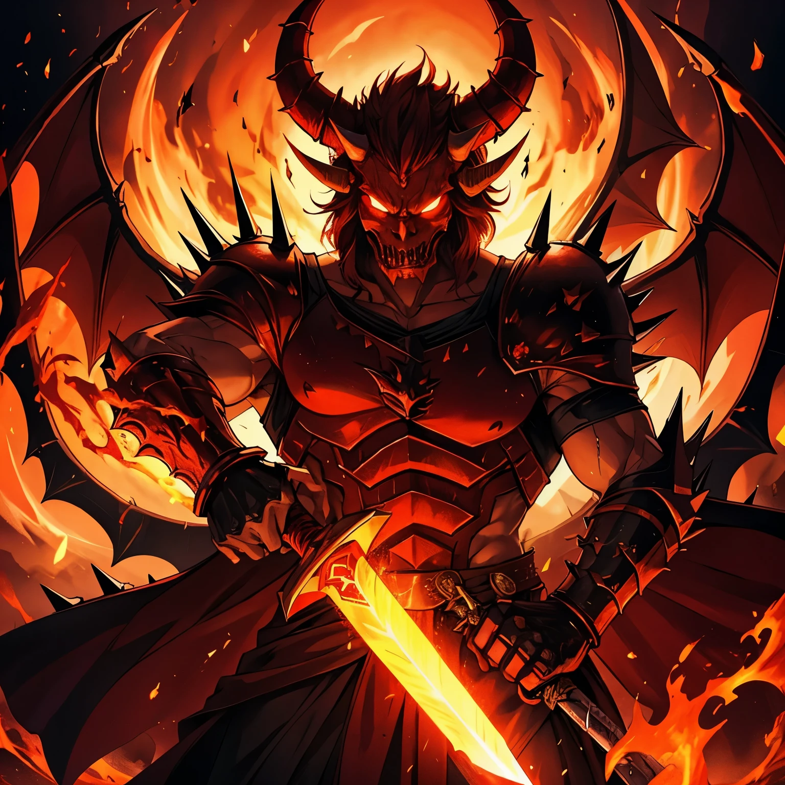 Giant demon, long horns, spiky red, holding a sword, flames, death, evil