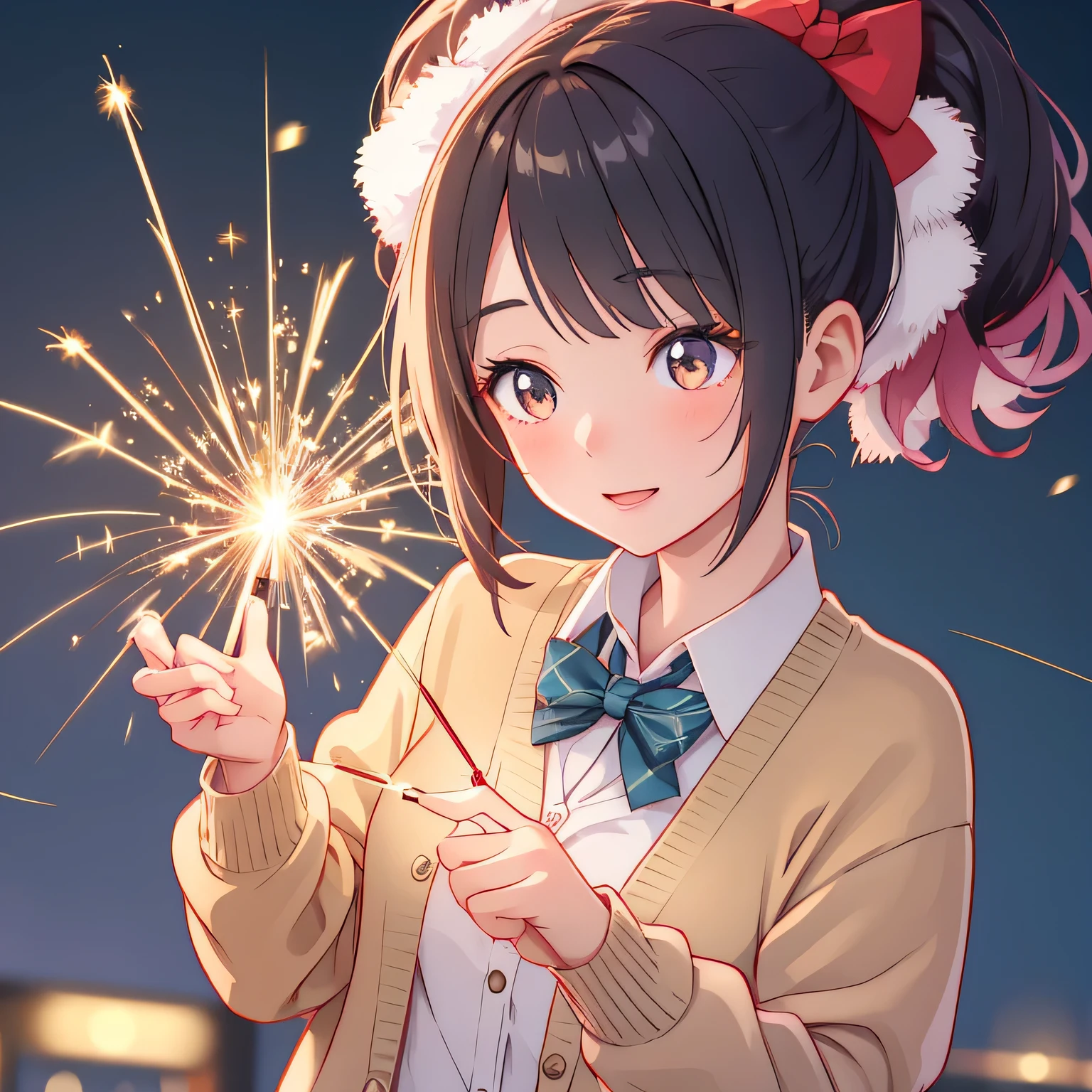 A rich girl from Hokkaido wearing a cardigan is playing with fireworks.