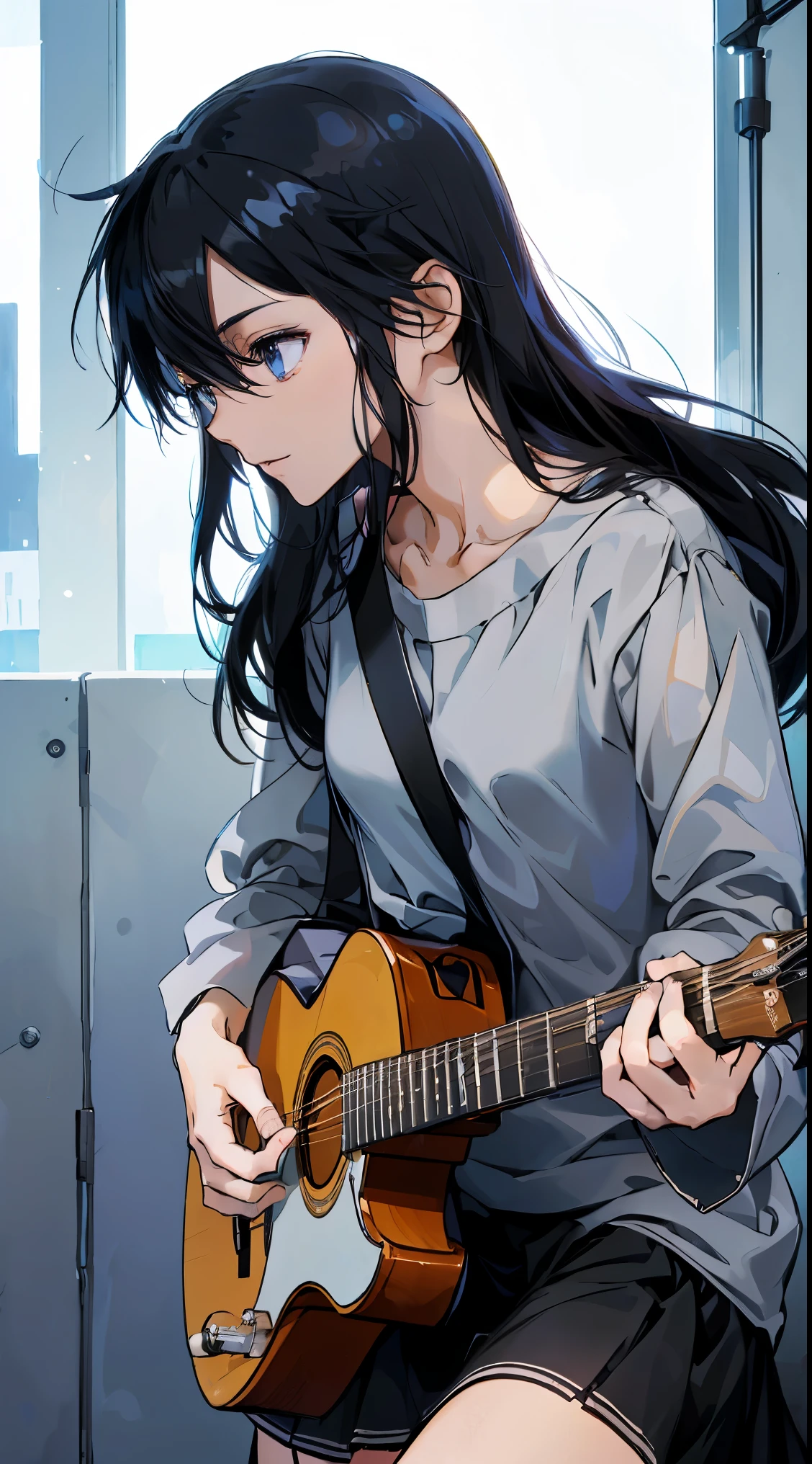 28 years old、black hair messy hair、precision 6 string acoustic guitar:1.2、Anatomically correct fingers、acoustic guitar、Only 1 guitar、Please look straight ahead and sing、(Turn your face forward:1.2)、Christmas、Holy Cloth、mini skirt,Female Kirito,long hair,white silk