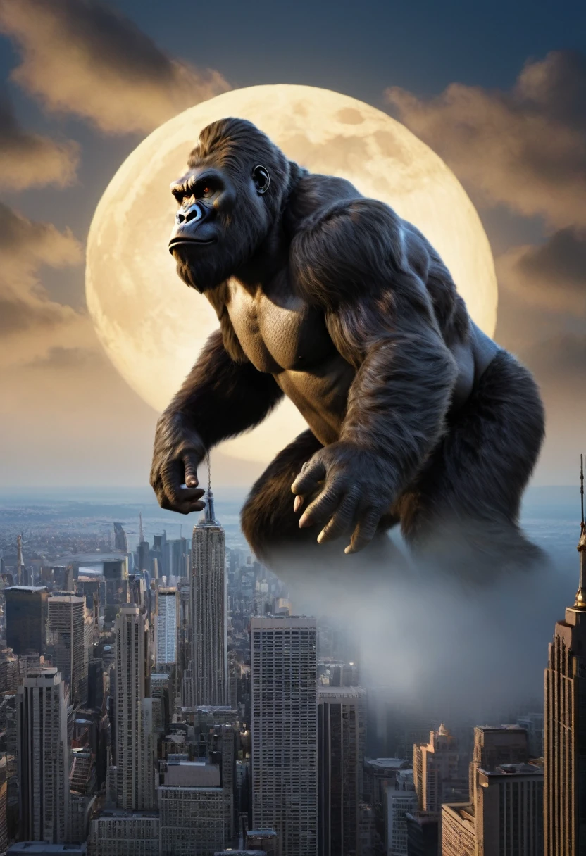 (best quality, 4k, 8k, high resolution, masterpiece: 1.2), ultra-detailed, (realistic, photorealistic, photorealistic: 1.37), (king kong: 1.32) gigantic detailed eyes, extremely detailed facial features, impressive muscles, monstrous figure and imposing, fierce expression, king of the jungle, loud roar, adamantine hair, monumental skyscraper in the background, rising above the city skyline, metallic shine, gleaming windows, bright lights, hectic traffic, frenetic city life, night ,full moon,ominous atmosphere,imposing Presence,defying gravity,climbing the skyscraper effortlessly,messy hair,dynamic pose,overwhelming strength,huge hands gripping the building,intense shadows,deep contrasts,spectacular lighting,subtle color variation, expressive textures, premonitory sensation, majestic view, amazement. awe-inspiring, action-packed, pulsating, attention-grabbing, adrenaline-inducing, extravagant proportions, realistic textures, sharp details, vivid colors, bokeh