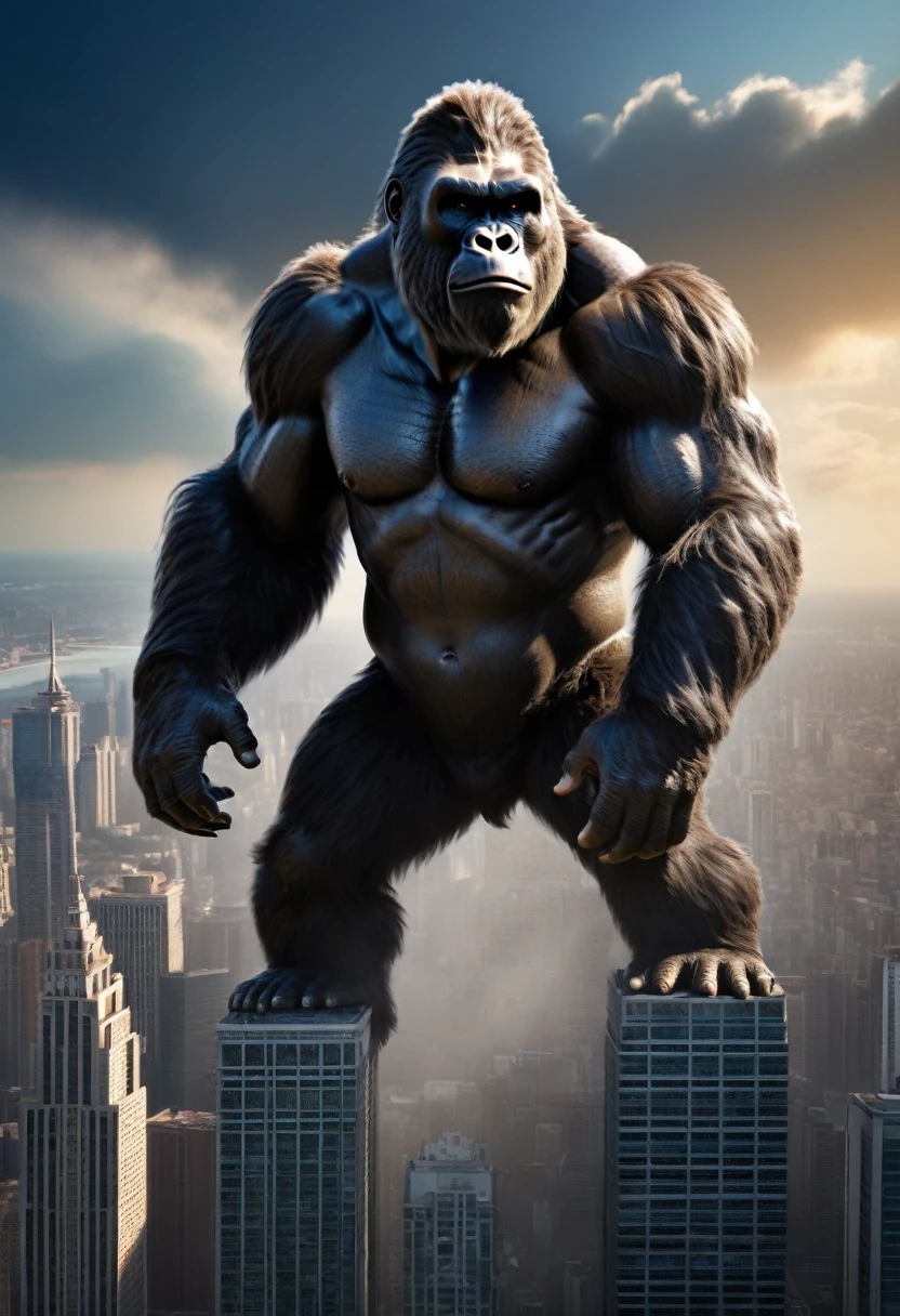 (best quality, 4k, 8k, high resolution, masterpiece: 1.2), ultra-detailed, (realistic, photorealistic, photorealistic: 1.37), (king kong: 1.32) gigantic detailed eyes, extremely detailed facial features, impressive muscles, monstrous figure and imposing, fierce expression, king of the jungle, loud roar, adamantine hair, monumental skyscraper in the background, rising above the city skyline, metallic shine, gleaming windows, bright lights, hectic traffic, frenetic city life, night ,full moon,ominous atmosphere,imposing Presence,defying gravity,climbing the skyscraper effortlessly,messy hair,dynamic pose,overwhelming strength,huge hands gripping the building,intense shadows,deep contrasts,spectacular lighting,subtle color variation, expressive textures, premonitory sensation, majestic view, amazement. awe-inspiring, action-packed, pulsating, attention-grabbing, adrenaline-inducing, extravagant proportions, realistic textures, sharp details, vivid colors, bokeh