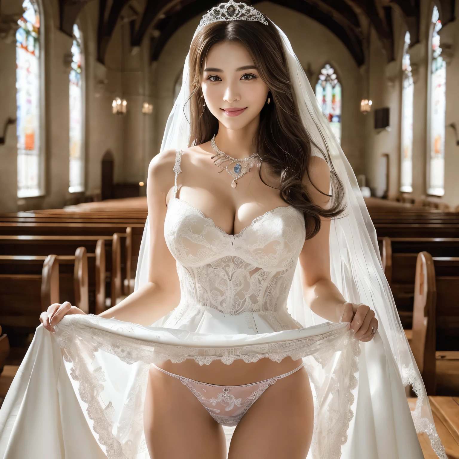 (highest quality、table top、8k、best image quality、Award-winning work)、bride in a wedding dress alone、(The most luxurious, pure white, and gigantic wedding dress:1.2)、(The most luxurious and huge wedding dress with lots of jewelry:1.2)、(The most luxurious and highest quality giant tiara:1.2)、(The most luxurious and highest quality giant necklace:1.2)、(perfect wedding lace:1.3)、(Pull up your wedding dress and show your panties:1.5)、(alone:1.1)、perfect beautiful composition、(Huge breasts that are about to burst:1.1)、(emphasize body line:1.1)、(upper body photo:1.1)、smile looking at me、(Elegant and solemn church wedding with strong blur:1.1)、Perfectly organized and most natural church background、Orderly and perfectly organized church background、stand gracefully、natural makeup、Ultra high definition beauty face、ultra high definition hair、Super high-definition sparkling eyes、(Super high resolution glossy skin:1.2)、Super high resolution glossy lips、(Accurate anatomy with great attention to detail:1.1)、(very bright and vivid:1.3)、body facing forward