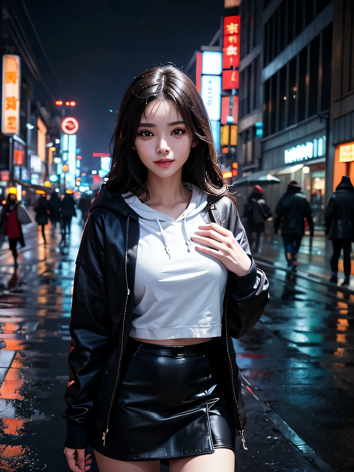 (masterpiece), (best quality), looking at another, (wavy hair:0.9), 1girl, beautiful woman, night, {black eyes|dark brown eyes}, {black hair|dark brown hair|dark hair}, {long hair|medium hair}, {cinema|town|grasountain|river|outdoor}, {medium breast|large breasts}, wearing raincoat and white shirt, knee high socks, black boots, heavy rain, flood, Short pleated skirt, raining, TOKYO of cyberpunk, night scene, dark, Beautiful Neon Lights, On cloudy streets, vibrant colors, the skin is white and beautiful, At the time of performance, extremely detailed face and skin, A detailed eye, extremely detailed face and skin