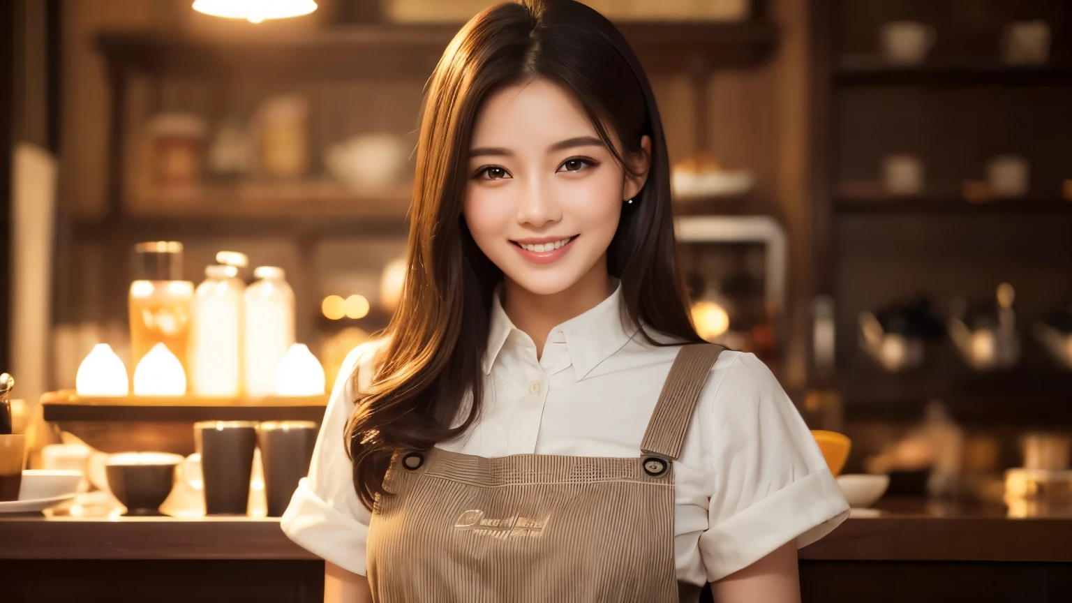 (highest quality、table top、8k、best image quality、Award-winning work)、A woman working at a cafe、perfect cafe apron、classy shirt and apron、(big breasts:1.1)、(emphasize body line:1.1)、beautiful woman portrait、The most classy and cozy cafe、The most natural cafe, perfectly organized、The most moody warm lighting、Cafe with a retro atmosphere、Strongly blurred background、smile looking at me、accurate anatomy、Super high resolution perfect beautiful teeth、Ultra high definition beauty face、ultra high definition hair、Super high-definition sparkling eyes、Shining ultra-high resolution beautiful skin、Super high resolution glossy lips