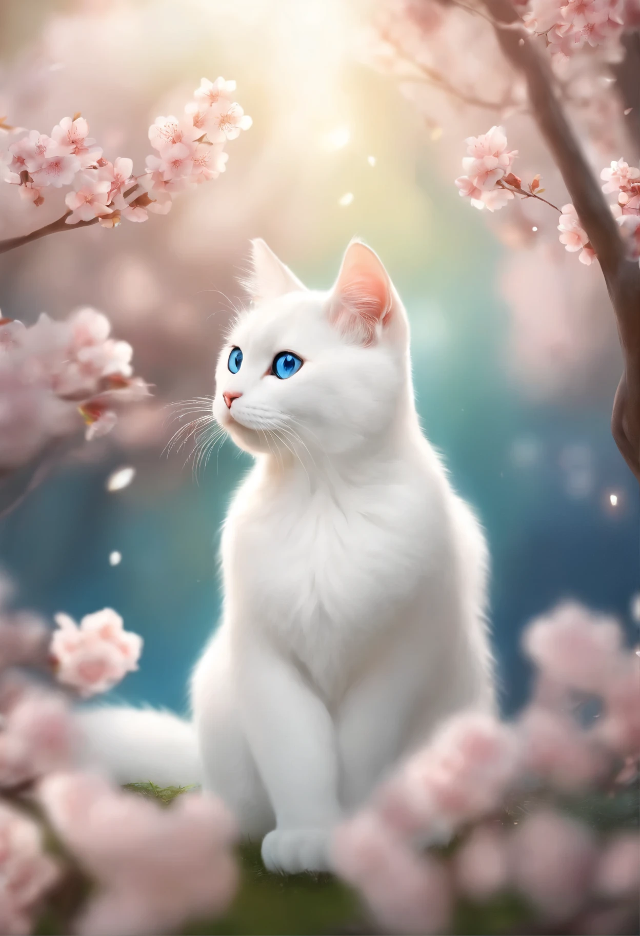 cute surreal pure white cat, blue eyes, Little, Adorable super fluffy, logo design, comics, cinematic lighting effects, Attractive 3D vector art, Cute and quirky fantasy art, Bokeh, hand drawn, digital painting, softly lit, isometric style, 4k, photorealistic rendering, very detailed clean, vector image, A photorealistic masterpiece, professional photos, Simple space background, Flat white gradient background, isometric, vibrant vector, cherry blossom background