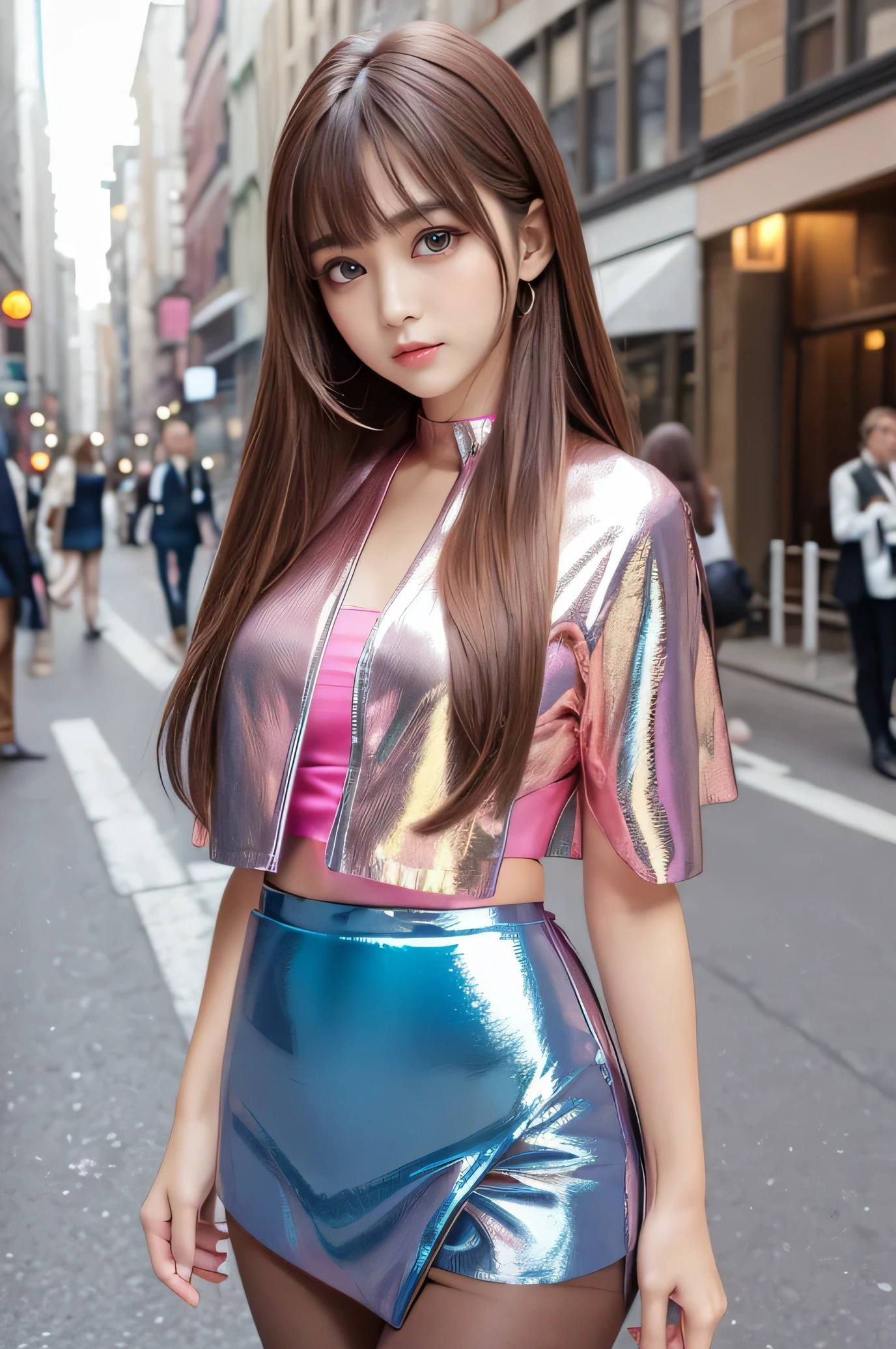 Angelique A very beautiful and cute girl,
beautiful and fine eyes, 
detailed double eyelids,
(Big eyes:1.4),
long brown straight hair, 
See-through bang,
sharp focus,
beautiful detailed face and eyes, 
droopy eyes,
(soft saturation: 1.3), (Fair skin: 1.2),break  
( Super shiny metallic coral pink stylish winter outerwear:1.5) , (Super shiny pantyhose:1.3) , walk,
Costume lighting,
in the city,
brown hair,break (Super Shiny Metallic Blue Mini Skirt :1.4)