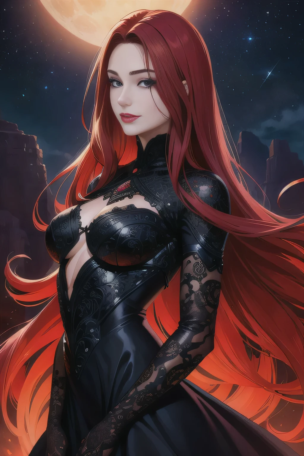 portrait shot, ((blood vivid red hair)), mature woman, 30 years old, diamond face, moonlight, red starry sky background, depth of field, magic, big red lips, ((dark black eyes)) black and red long and full dress, covered chest, mystical atmosphere, ominous shadows, Intense blue aura, Intense red aura (best quality:1.2), absurdres, intricate details, (highly detailed skin:1.2), smile expression, posing, taut and well defined body, attractive. Highly realistic, pale skin, beautiful, hyperrealism, skin very elaborated, direct gaze