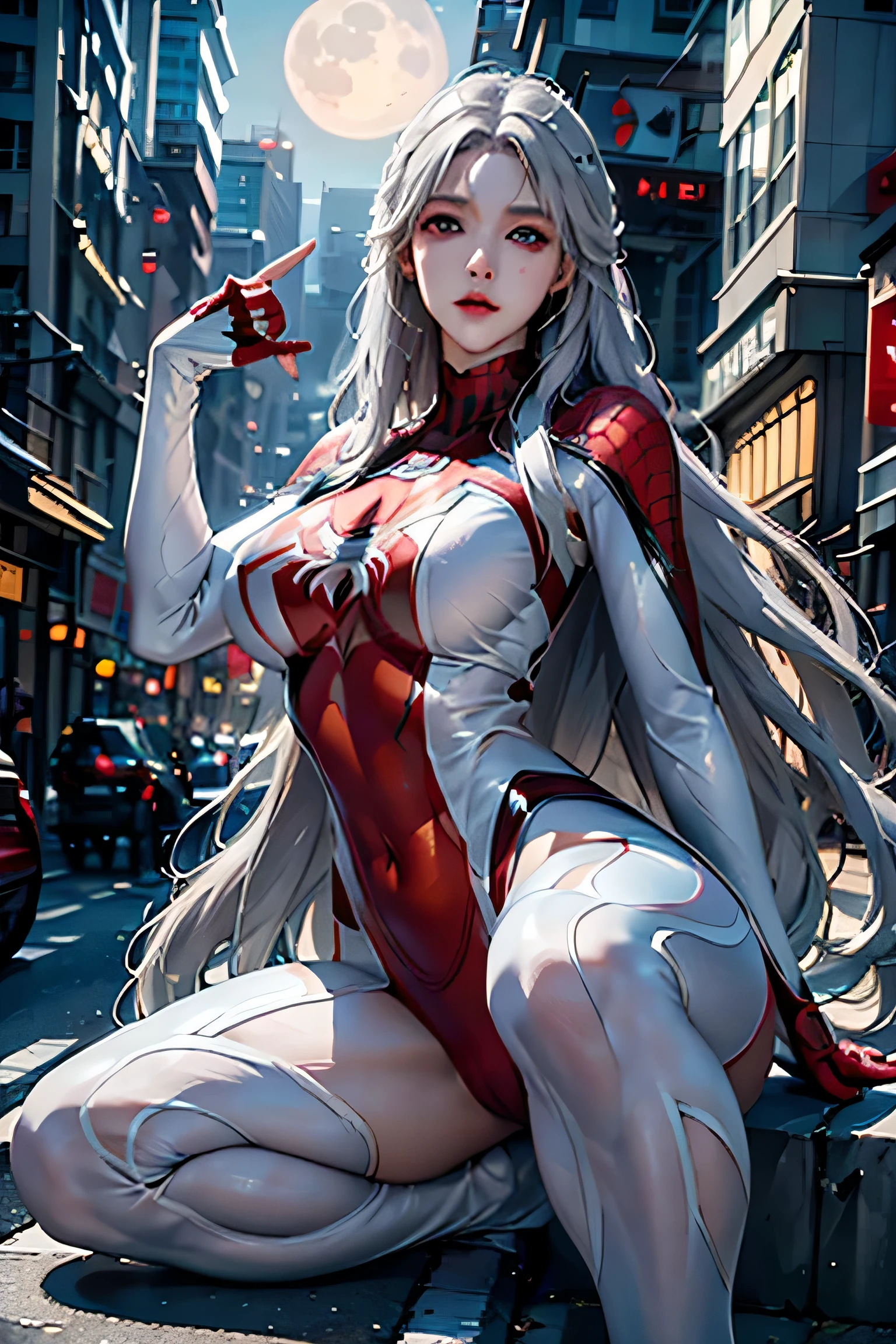 (masterpiece, 4K resolution, surreal, very detailed), (White Superhero Theme, charismatic, There&#39;Girl on the street, Wearing a Spider-Man costume, she is a superhero), [ ((25 years), (long gray hair:1.2), whole body, (blue eyes:1.2), ((Spider-Man pose),show of strength, Jump from one building to another), ((Sandy urban environment):0.8)| (cityscape, At night, dynamic light), (full moon))] # explanation: プロンプトでは主に超高解像度の4K絵画についてexplanationします, very realistic, very detailed. It depicts a superheroine at the top of the city.., Wearing a Spider-Man costume. 絵のテーマはWhite Superhero Themeです, the female protagonist has long gray hair, is 25 years old and her entire body is shown in the painting. In terms of depicting the activities of a superheroine,,, spiders are hired