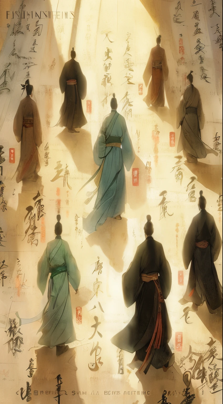 A group of people dressed in traditional costumes walking on a large piece of paper. The scene is inspired by the artworks of Fu Baoshi, with a touch of wuxia style. The characters created by Han Gan and Chen Jiru are depicted on the paper, accompanied by the artistry of Li Zai and the essence of Three Kingdoms in China. The individuals are wearing flowing robes, embodying the spirit of martial arts throughout their entire bodies. The atmosphere is also influenced by the works of Yang Borun and Qu Leilei, adding a touch of traditional Japanese conceptual art. The color palette is rich and vibrant, with a focus on capturing the essence of ancient Chinese and Japanese culture. The lighting is soft and ethereal, enhancing the overall tranquility and beauty of the scene. The prompt is designed to create a high-quality, ultra-detailed, and realistic image, showcasing the intricate details of the costumes, the expressions of the characters, and the texture of the paper. The artwork is crafted with the utmost care and attention to detail, resulting in a masterpiece that transcends time and space.