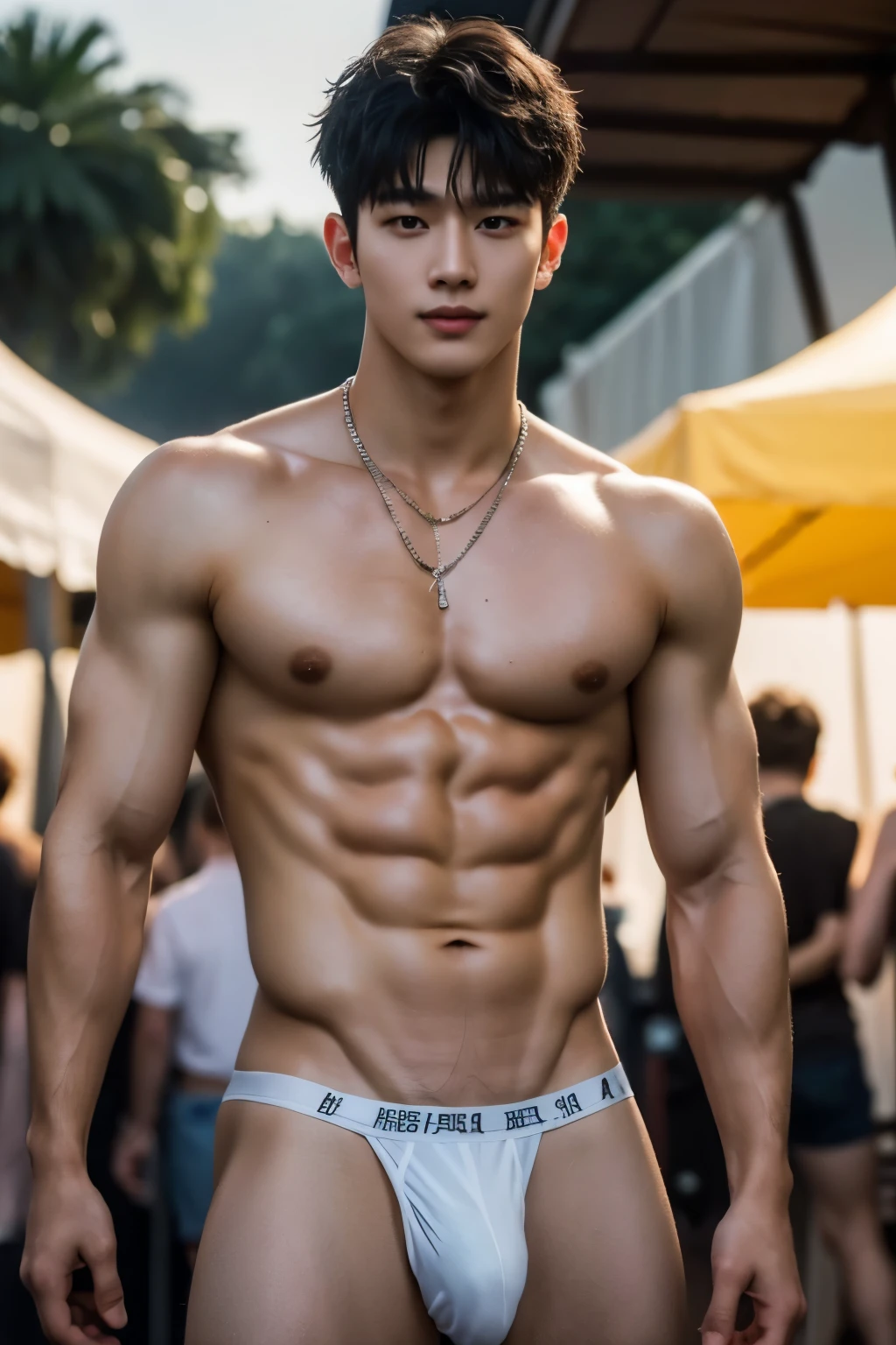 Outdoor, sunny day, Boy in the crowded food festival, amazing food festival scenery, Crowded festival, food stand in the background, Full body photo, very wet body, Very thin sheer white thong, Proudly showing off his sweaty very hairy armpits, completely naked just wearing sheer thong, wearing necklace in his nek, boy, very young btic soft lighting illuminates a stunningly detailed and ultra-realistic handsome korean male supermodel, ultra messy curly hair, clear honey eyes, captivating perfect smile, sensual, hot man, insanely handsome, showing off his sweaty body, very sixpack muscular body build, slender, toned, full body, 8k, photography, masterpiece, detailed face, detailed eyes, sexy, beautiful abdomen and beautiful legs and a detailed big hard bulge, slim, detailed eyes and lips, sixpack and fit body. Image quality is of the highest standard, with ultra-detailed features and a realistic appearance. The colors are bright and vibrant, enhancing the overall aesthetic. The lighting is soft and natural, casting a soft glow on the boy, don't merge body's