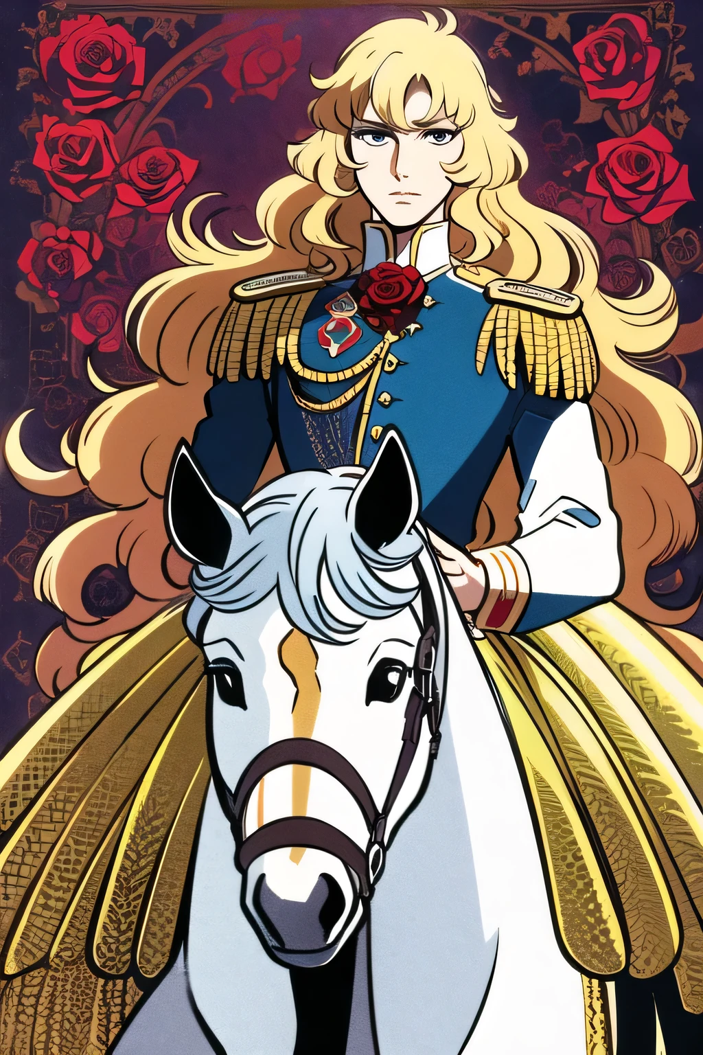 (masterpiece, highest quality: 1.2), 1 girl, alone, Riding on the back of a white horse, woman with very long blonde hair, He wears a blue military uniform from the Napoleonic era., manga drawings, by Riyoko Ikeda, Vento Aureo cover art style, French Comic Style, Handsome prince, f11, beast, f/1 1, beatrice blue, TF1, Louis XIV, stick, color page, blonde, Volume, (((rose arabesque background))),