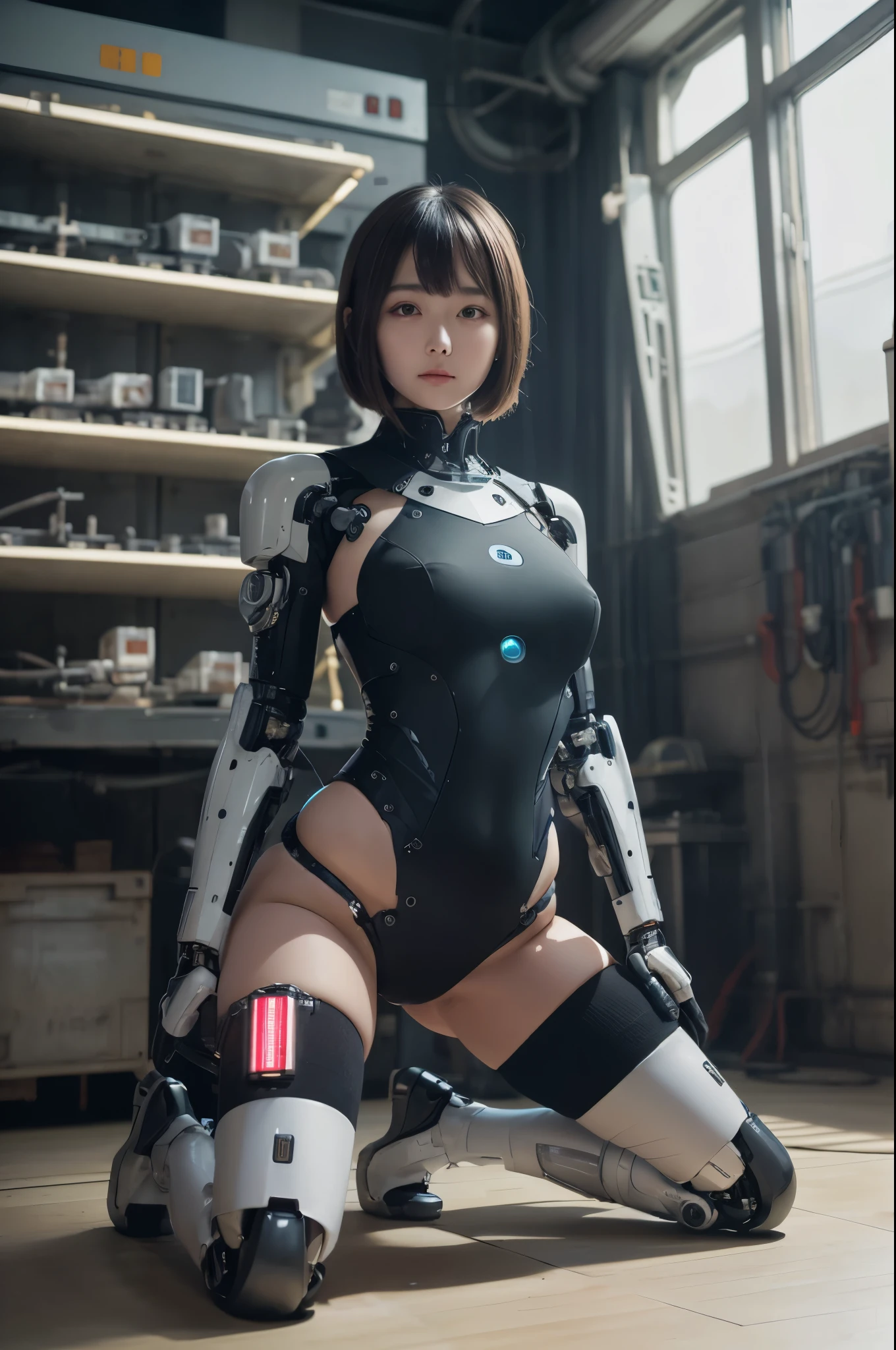 masterpiece, best quality, extremely detailed,8kportrait,Japaese android Girl,Plump , control panels,Mechanical Hand, ,Robot arms and legs, Blunt bangs,android assembly plant,charging spot,kneel on the floor,knee high socks,white robot body,