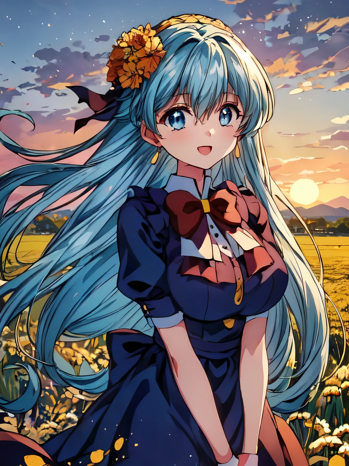 (drawn by Lynn Okamoto),center frame, sharp focus, (panorama, wide shot), best quality, masterpiece, extremely detailed, detailed background, (from above:1.2), 1girl, catgirl,solo,****,blue eyes,white hair, closed one eye, smile, open mouth, skirt, long hair, wavy hair, on side, fluffy hair, , french , blush, smile, capelet, lace trim, bodice, sunset, long dress, dusk, scenery, gold sky, high place, horizon, wheat field, wheat ears, wind, wind blow, looking at viewer, (depth of field), bokeh, (holding a flower:1.3), (holding:1.2),(medium):0.5,，huge tits，Overmuch，big and droopy，big titietra big ， （（（masterpiece）））， （（best quality））， （（intricate details））， （（Surreal））