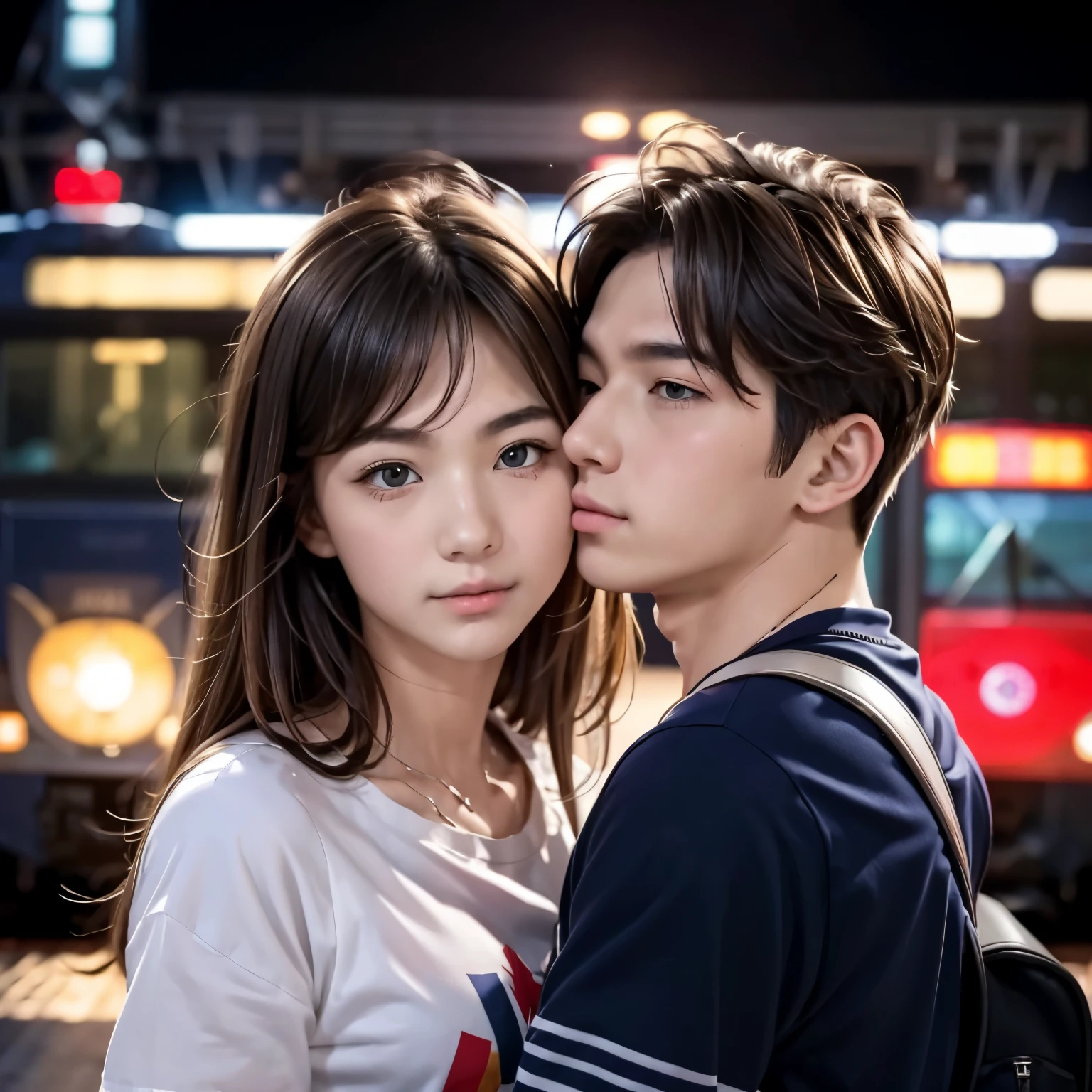 Boy and girl, boy wearing blue jacket, girl wearing white shirt with pink lines, girl wearing pink skirt, boy wearing black pants, starry night sky, girl short hair, boy black hair, girl brown hair, girl wearing short sleeves, boy wearing hooded jacket, hoodie opened