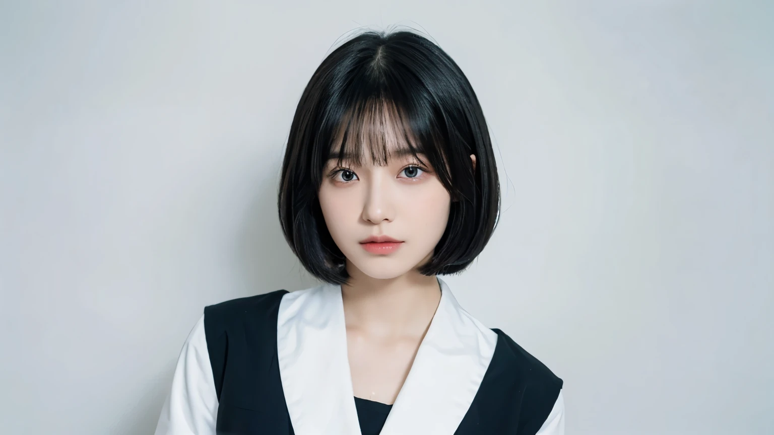 bewitching eyes, well-balanced eyes, //background is white //wearing high school uniform //chest focus, ((Face-to-face audience)), /japanese woman, white skin, bob cut, black hair, dark blue hair, dull bangs,//((Are standing)), high quality:1.3, professional lighting:2.0 realistic:1.2, 4K resolution, fine skin, masterpiece:1.1