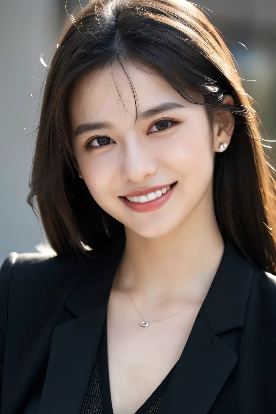 I wore, (photo-realistic:1.4), (超realistic:1.4), (realistic:1.3), (smoother lighting:1.05), (Improve the quality of movie lighting:0.9), 32K, 1 girl,25 years old, realistic lighting, Backlight, light shines on your face, ray tracing, (bright light:1.2), (Improvement of quality:1.4), (Highest quality realistic textured skin:1.4), fine eyes, detailed face, (tired, sleepy and happy:0), (smile:1.4), black suit,necklace, (Enhances the mood of your body line:1.1), (Enhances the beauty of skin texture:1.1)、ear piercing、black hair、dark eyeliner、shy smile、white teeth
