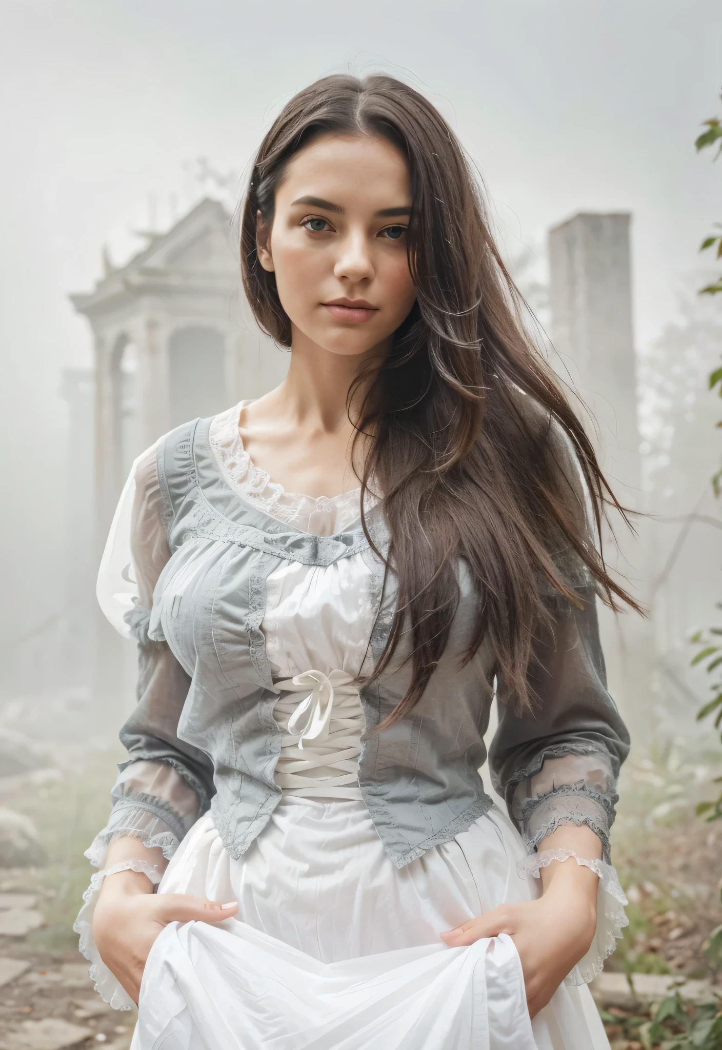 Dark moonlit night, close-up, Beautiful woman with long dark hair, black clothes fluttering in the wind, long victorian dress, fog, ((surrounded by ghostly translucent figures)), walk among overgrown ruins, dim cold lighting, realistic proportions, The most realistic face, maximum authenticity of historical clothing, Detailed lace, beautiful folds of fabric, Character concept art, photorealistic depth of field