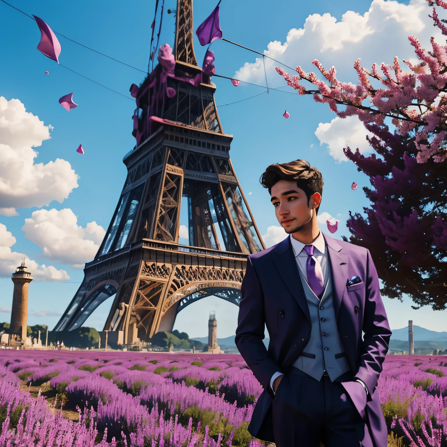 Un chico lindo con un pulpo violeta en la cabeza y de fondo la torre eifel