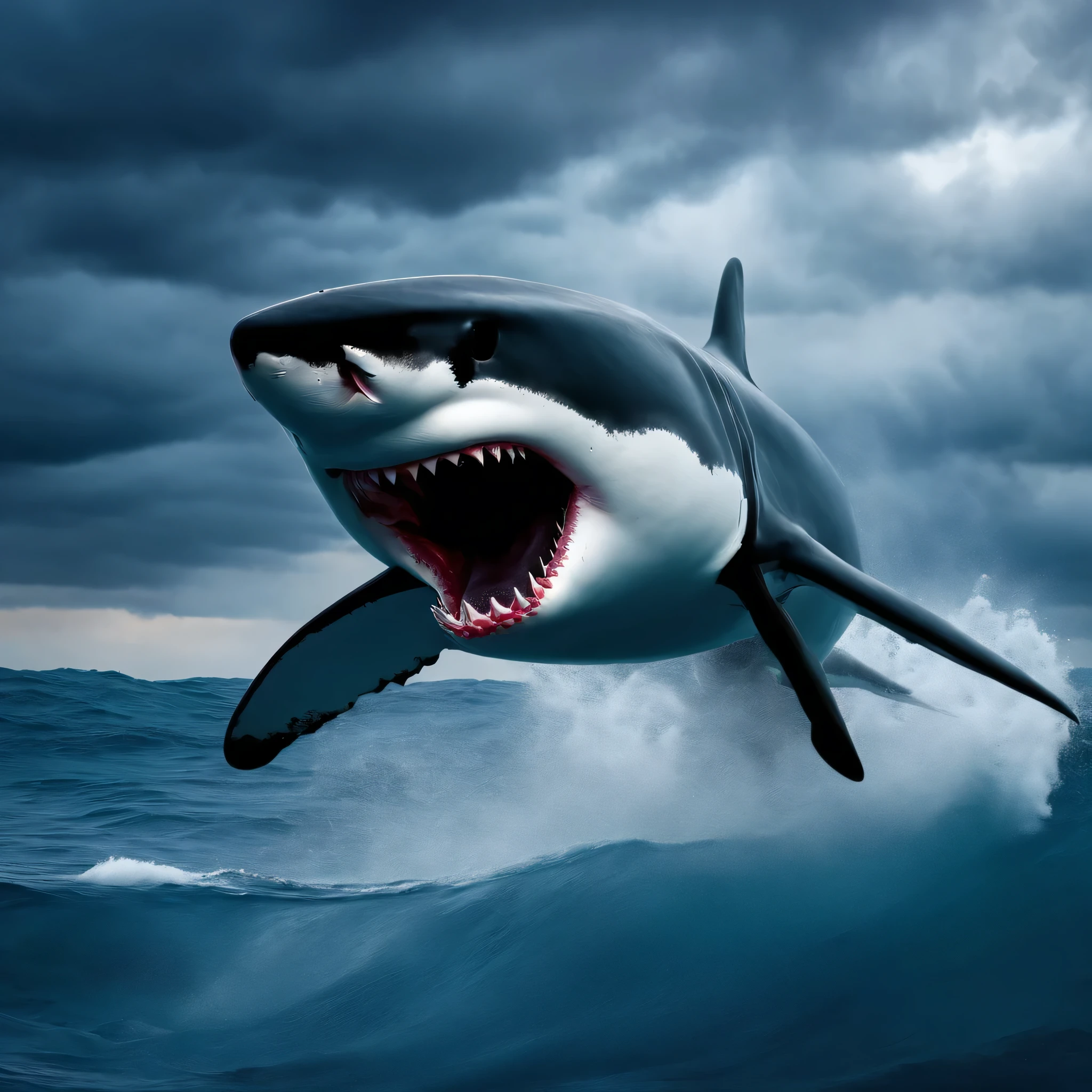 Great white shark, nadando en el cielo tormentoso, peleando con una orca, 576 megapixels, Ultra High Definition, Hyper-realistic atmosphere,