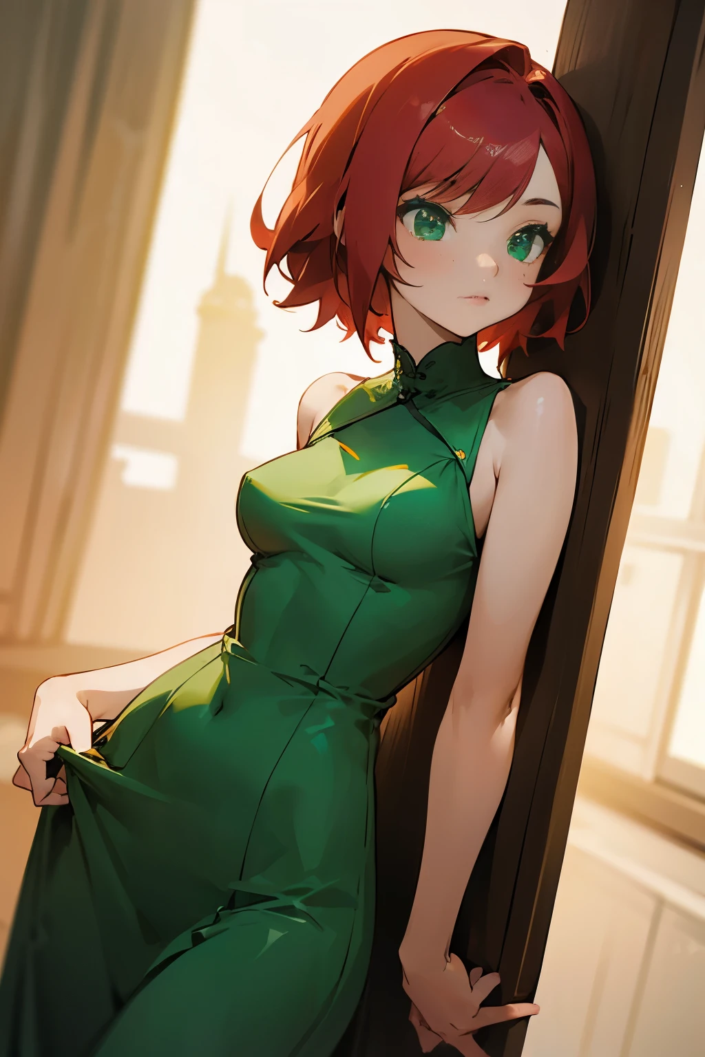 Cute girl, short red hair, green dress, medium-sized breasts