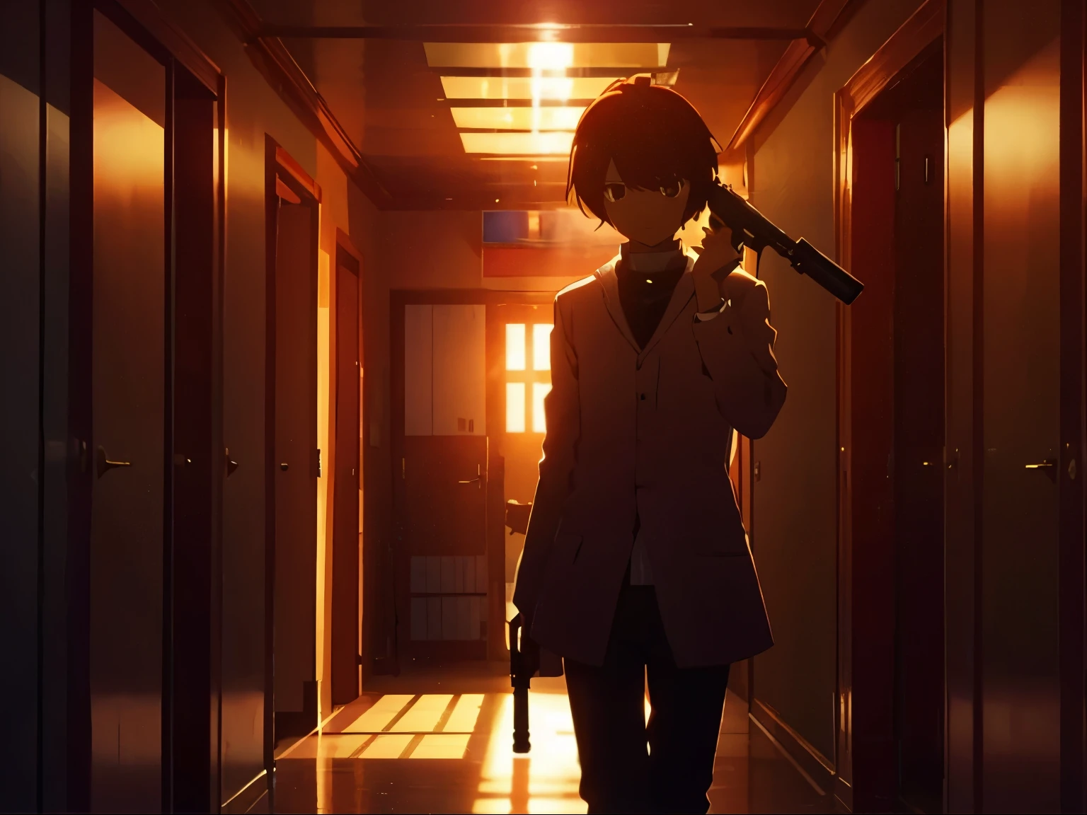 Yakari Takeba is standing in a hallway, illuminated by the light of the setting sun. He holds a gun next to his own head. A gun on yourself.