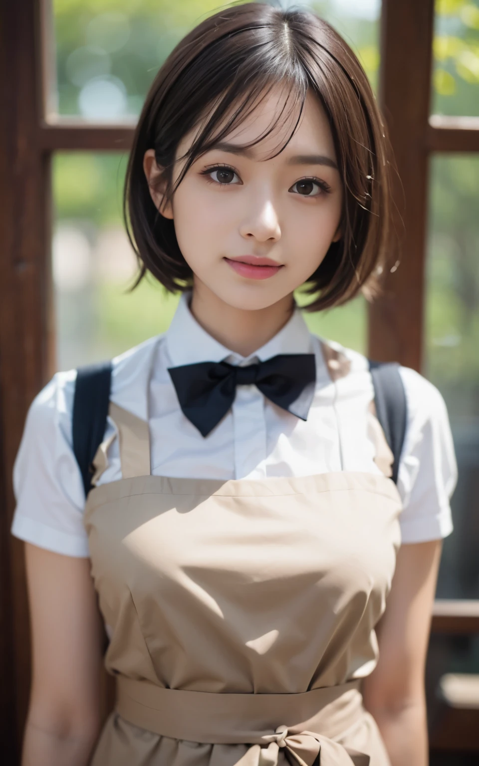 cute 21 year old japanese、apron, black bow tie、Waiter、Cafe、super detail face、pay attention to details、double eyelid、beautiful thin nose、sharp focus:1.2、Beautiful woman:1.4、(light brown hair,short hair、),pure white skin、highest quality、masterpiece、ultra high resolution、(Photoreal:1.4)、Highly detailed and professional lighting、nice smile、Please show me your whole body、