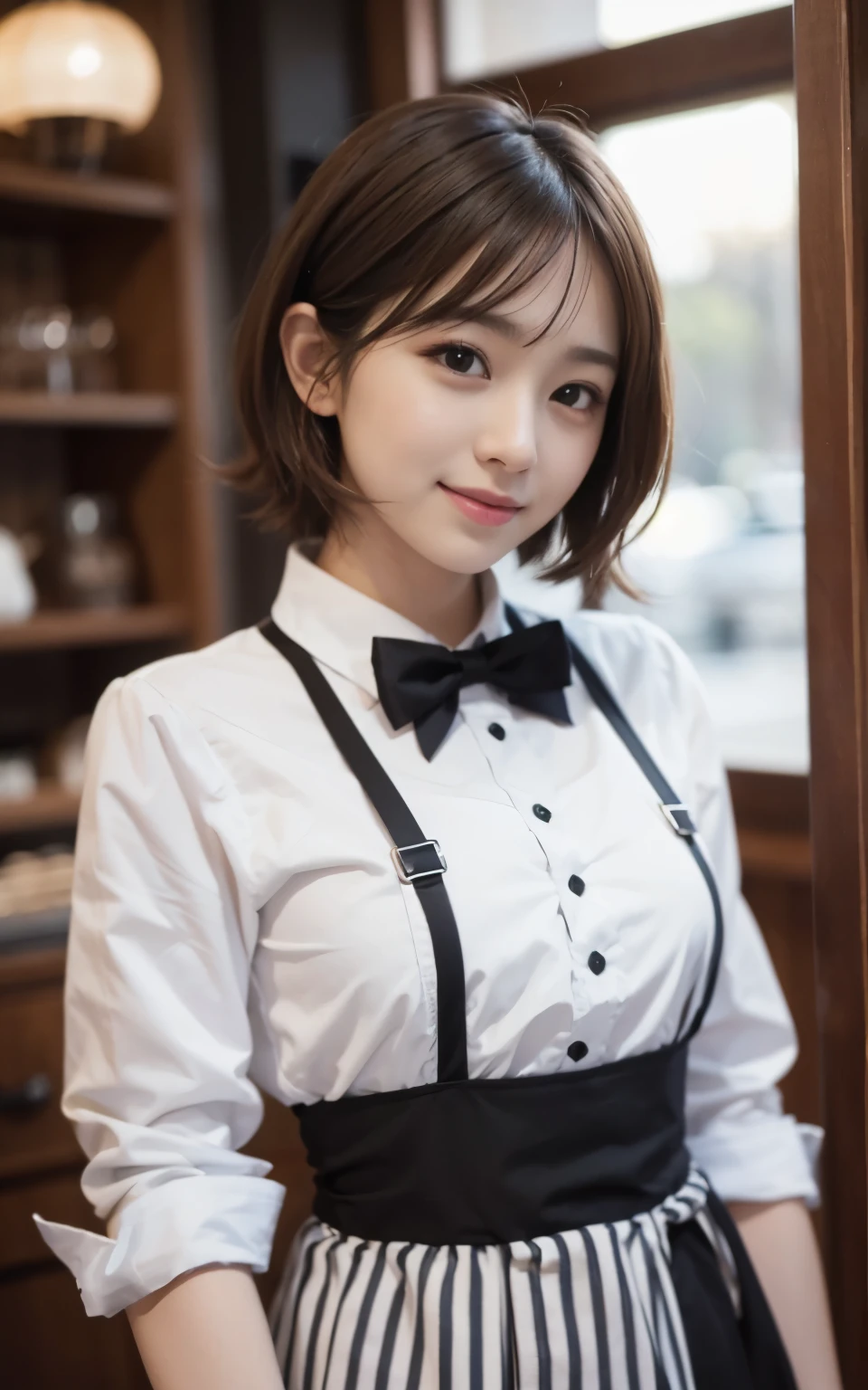 cute 21 year old japanese、apron, black bow tie、Waiter、Cafe、super detail face、pay attention to details、double eyelid、beautiful thin nose、sharp focus:1.2、Beautiful woman:1.4、(light brown hair,short hair、),pure white skin、highest quality、masterpiece、ultra high resolution、(Photoreal:1.4)、Highly detailed and professional lighting、nice smile、Please show me your whole body、