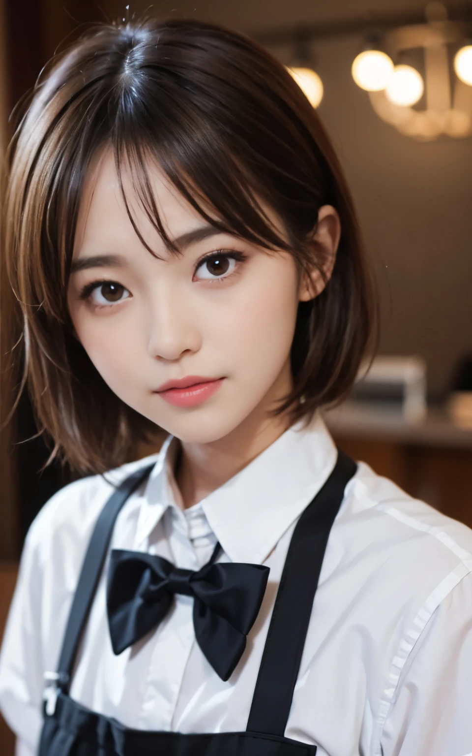 cute 21 year old japanese、apron, black bow tie、Waiter、Cafe、super detail face、pay attention to details、double eyelid、beautiful thin nose、sharp focus:1.2、Beautiful woman:1.4、(light brown hair,short hair、),pure white skin、highest quality、masterpiece、ultra high resolution、(Photoreal:1.4)、Highly detailed and professional lighting、nice smile、Please show me your whole body、