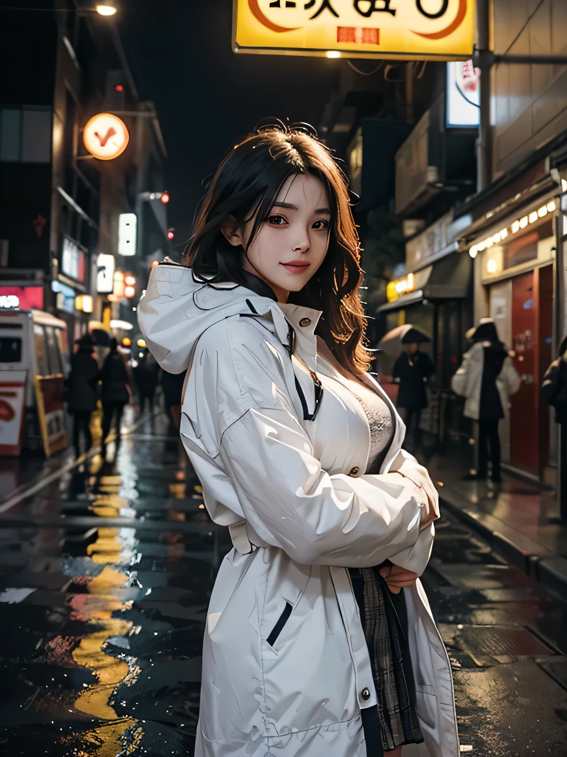 (masterpiece), (best quality), looking at viewer, (wavy hair:0.9), 1girl, beautiful woman, night, {black eyes|dark brown eyes}, {black hair|dark brown hair|dark hair}, {long hair|medium hair}, {cinema|town|grasountain|river|outdooredium breast|large breasts}, wearing full white raincoat, heavy rain, skirt, smile, watching at viewers, rain, TOKYO of cyberpunk, night scene, dark, Beautiful Neon Lights, On cloudy streets, vibrant colors, the skin is white and beautiful