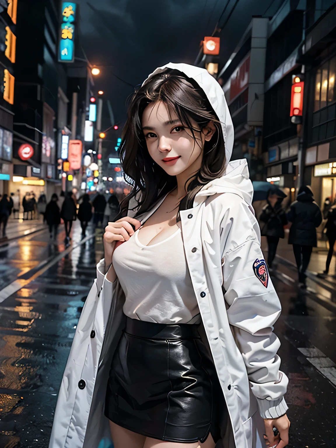 (masterpiece), (best quality), looking at viewer, (wavy hair:0.9), 1girl, beautiful woman, night, {black eyes|dark brown eyes}, {black hair|dark brown hair|dark hair}, {long hair|medium hair}, {cinema|town|grasountain|river|outdooredium breast|large breasts}, wearing full white raincoat, heavy rain, skirt, smile, watching at viewers, rain, TOKYO of cyberpunk, night scene, dark, Beautiful Neon Lights, On cloudy streets, vibrant colors, the skin is white and beautiful
