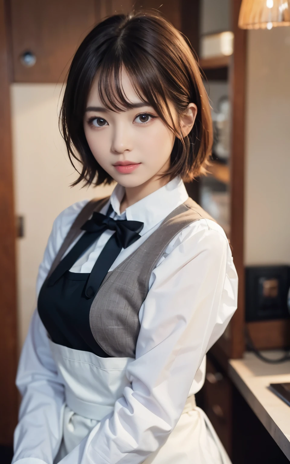 cute 21 year old japanese、apron, black bow tie、Waiter、open cafe、super detail face、pay attention to details、double eyelid、beautiful thin nose、sharp focus:1.2、Beautiful woman:1.4、(light brown hair,short hair、),pure white skin、highest quality、masterpiece、ultra high resolution、(Photoreal:1.4)、Light of the sun、nice smile、Please show me your whole body、