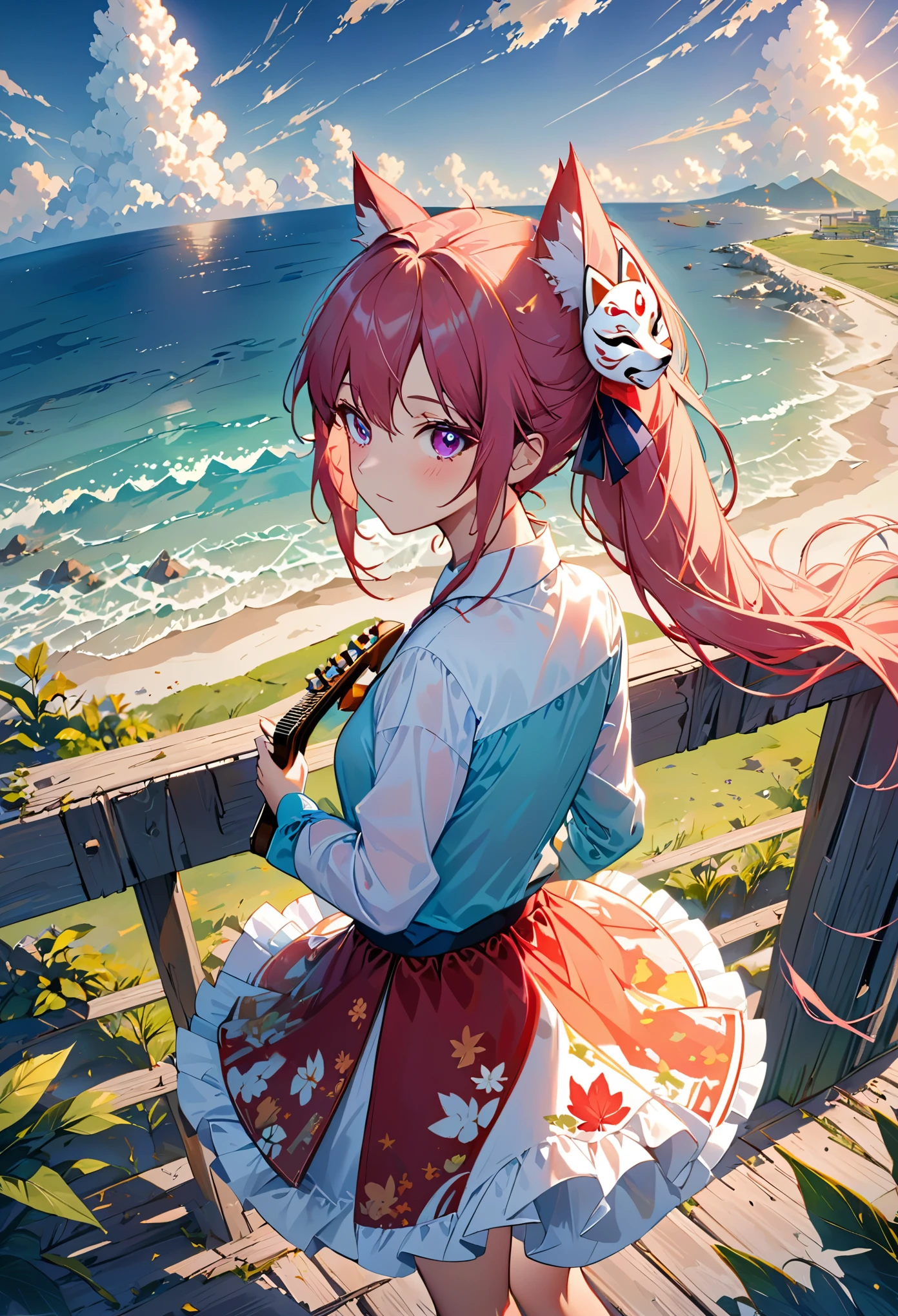 (1 girl, size), (guitar alone), bubble skirt, aqua shirt, bow, bowtie, buttons, collared shirt, poker face, Eyebrows covered by hair, fox mask, cowboy shooting, long hair, long sleeves, mask, multicolored buttons, pink eyes, pink hair, orange skirt, lattice, lattice shirt, purple bow, purple bowtie, shirt, skirt, alone, very long hair, ocean, ocean洋, ocean滩, cloudy, Sunlight, dusk, moon, cloud, Sky, Outdoor sports, cloudy Sky, leaf, ruins, Sunlight, post apocalyptic, side view