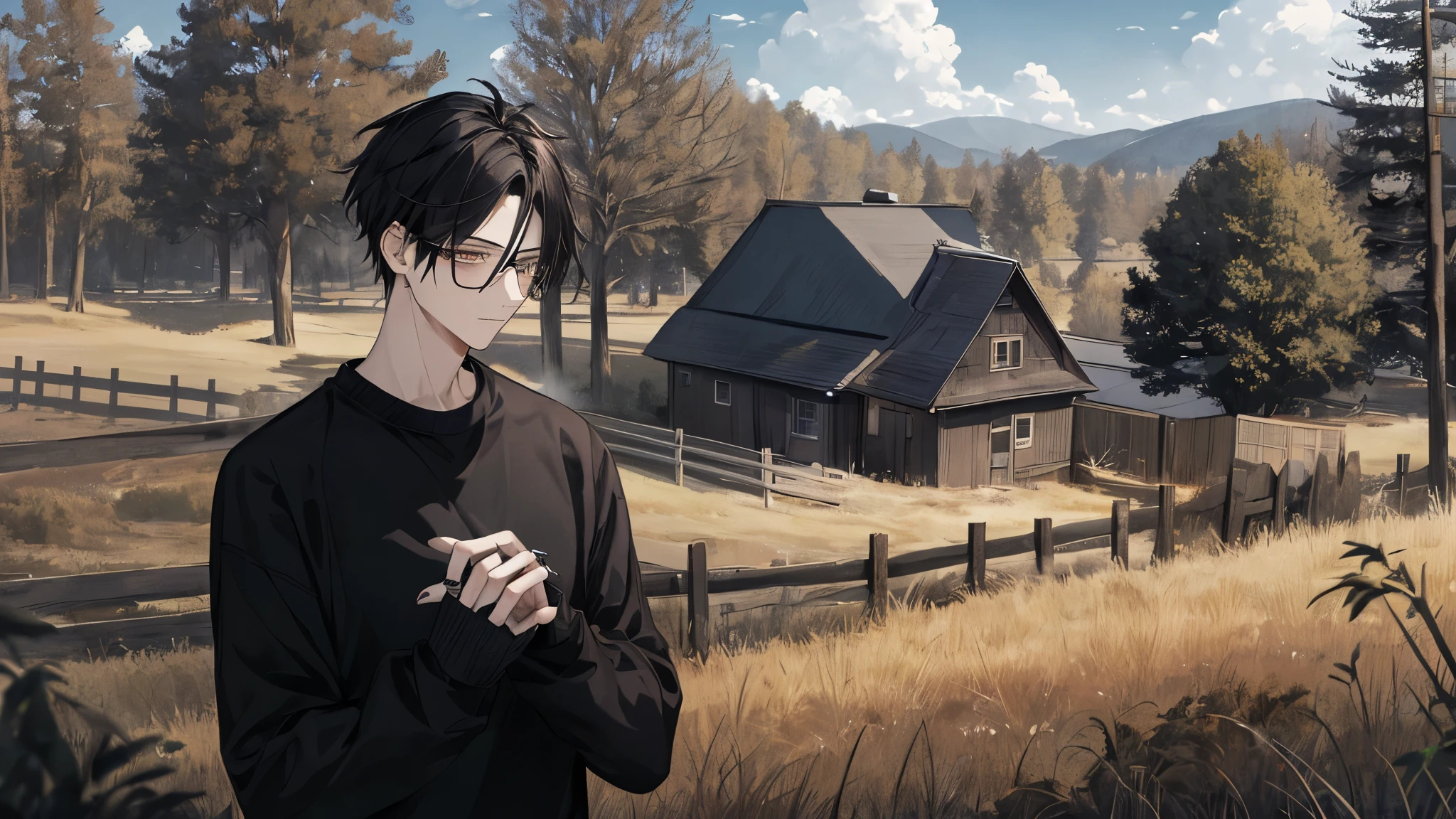 1 guy, black jeans, Black sweater, press, thin, pale, rings on fingers, black nails, glasses, Black hair, a little sporty, Glass eyes, Brown eyes, Nature, rural feel, clouds, trees, Houses, hay,