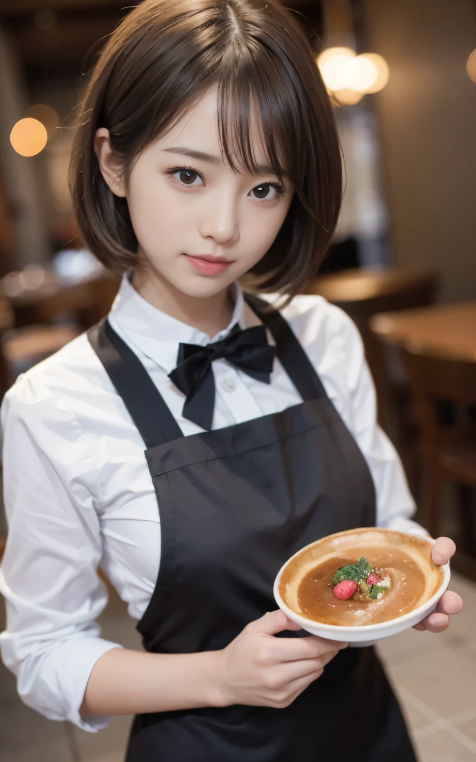 cute 21 year old japanese、apron, black bow tie、Waiter、Cafe、super detail face、pay attention to details、double eyelid、beautiful thin nose、sharp focus:1.2、Beautiful woman:1.4、(light brown hair,short hair、),pure white skin、highest quality、masterpiece、ultra high resolution、(Photoreal:1.4)、Highly detailed and professional lighting、nice smile、Carry dishes、Please show me your whole body、