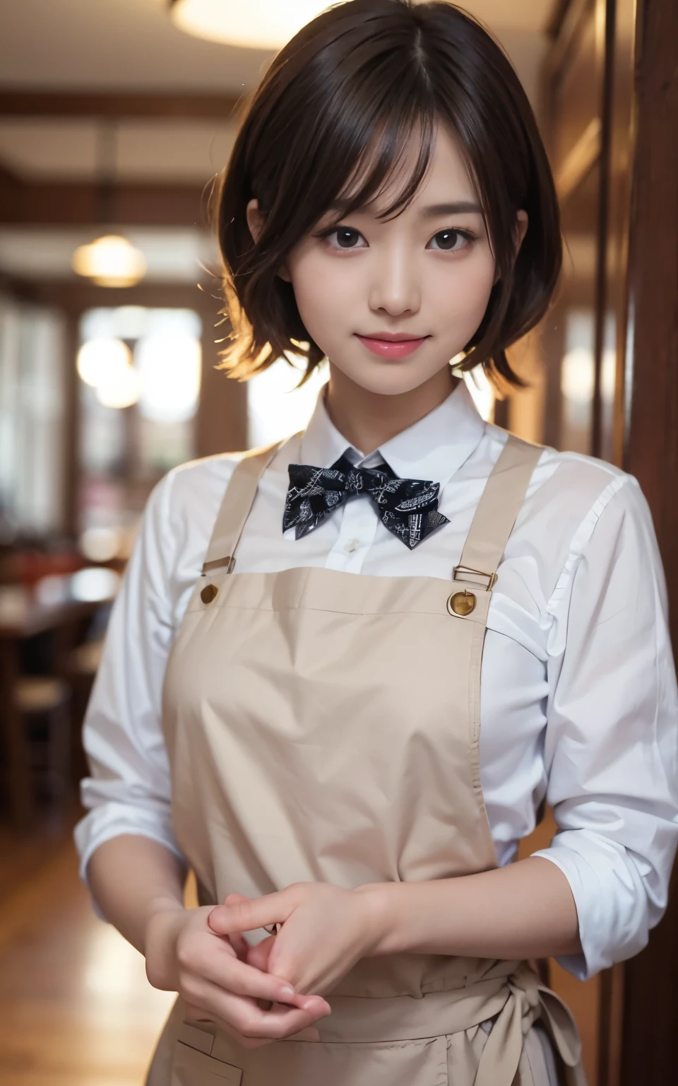 cute 21 year old japanese、apron, black bow tie、Waiter、Cafe、super detail face、pay attention to details、double eyelid、beautiful thin nose、sharp focus:1.2、Beautiful woman:1.4、(light brown hair,short hair、),pure white skin、highest quality、masterpiece、ultra high resolution、(Photoreal:1.4)、Highly detailed and professional lighting、nice smile、Carry dishes、Please show me your whole body、