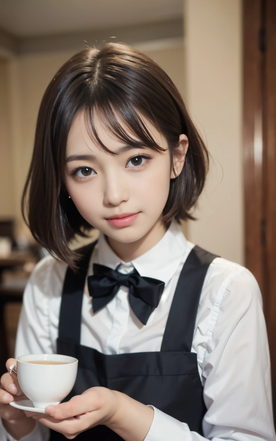 cute 21 year old japanese、apron, black bow tie、Waiter、Cafe、super detail face、pay attention to details、double eyelid、beautiful thin nose、sharp focus:1.2、Beautiful woman:1.4、(light brown hair,short hair、),pure white skin、highest quality、masterpiece、ultra high resolution、(Photoreal:1.4)、Highly detailed and professional lighting、nice smile、Carry dishes、Please show me your whole body、