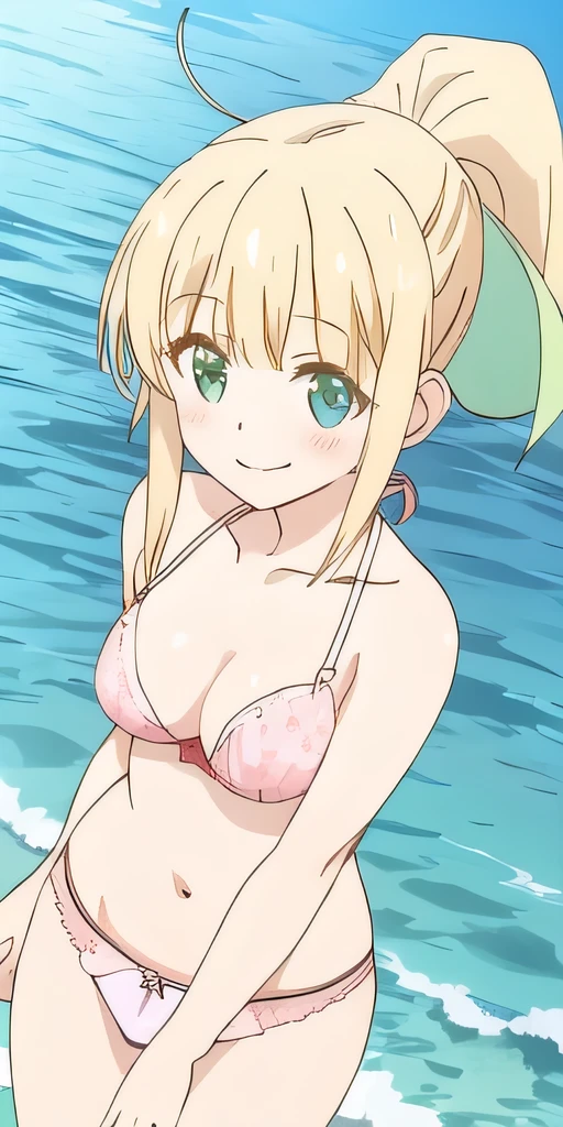 MF, 1 girl, alone, superior , smile,high angle, looking at the viewer, blush, Ahoge, nipple,pink lace panties, thighs,ponytail bow, Beach ball, sitting on the sand superior, Ocean, Sunny, perfect quality, good quality, masterpiece, HDR, Hmm